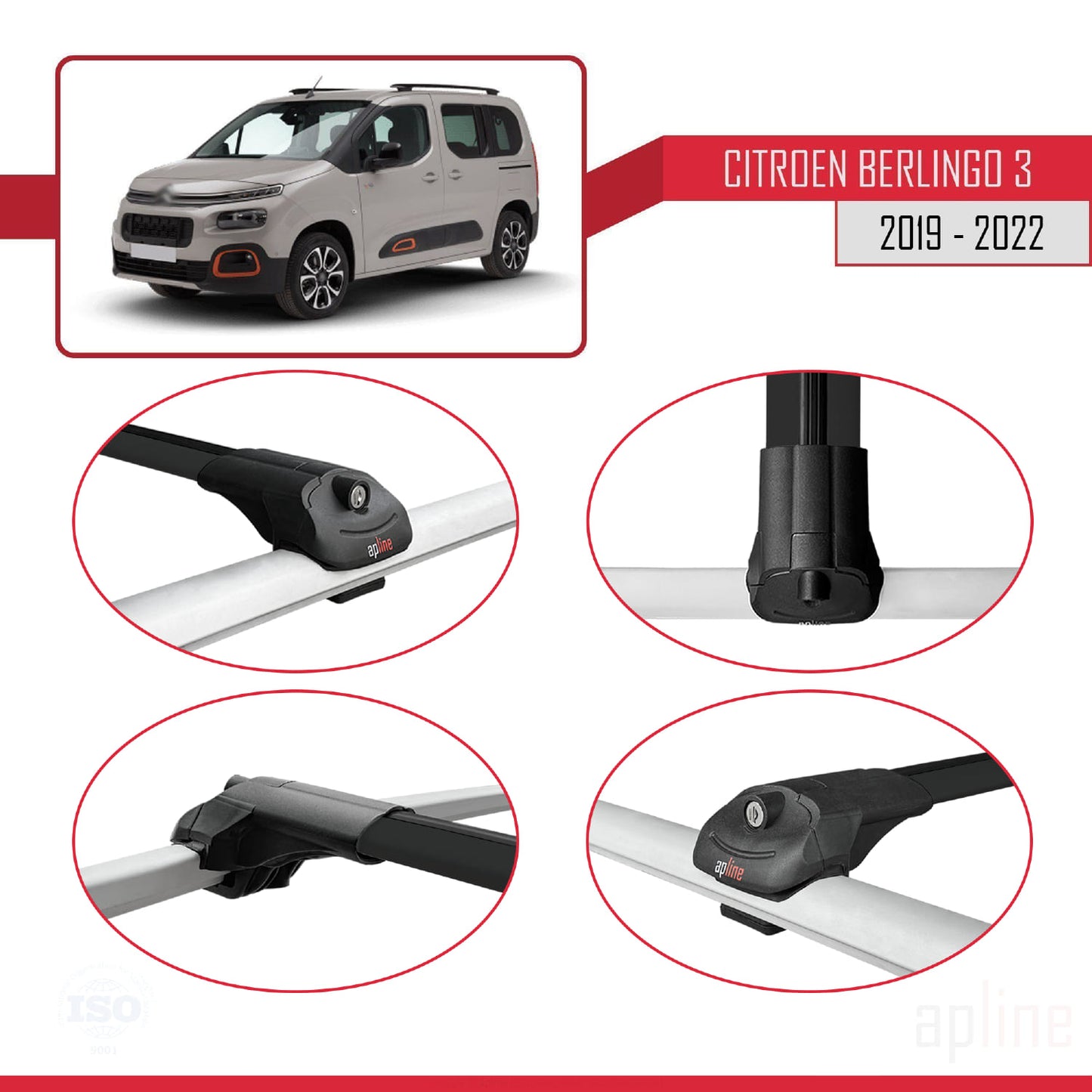 Compatible con Citroen Berlingo 3 (K9) 2019-2022 ACE-1 Barras de Techo Auto Portaequipajes Barras Transversales Negro Aluminio 3 Barras
