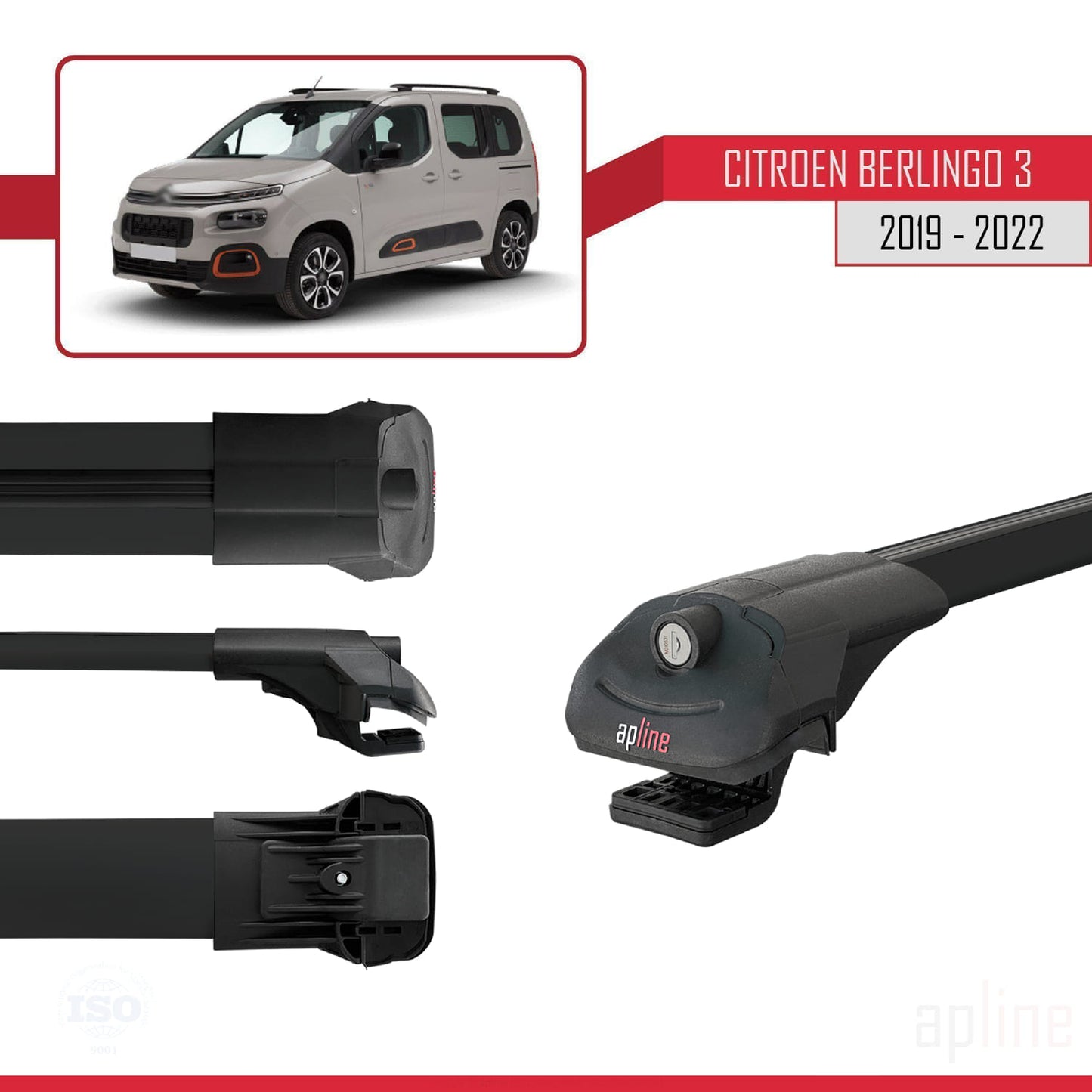 Compatible with Citroen Berlingo 3 (K9) 2019-2022 ACE-1 Car Roof Rack Cross Bar Black Aluminium 4 Bars