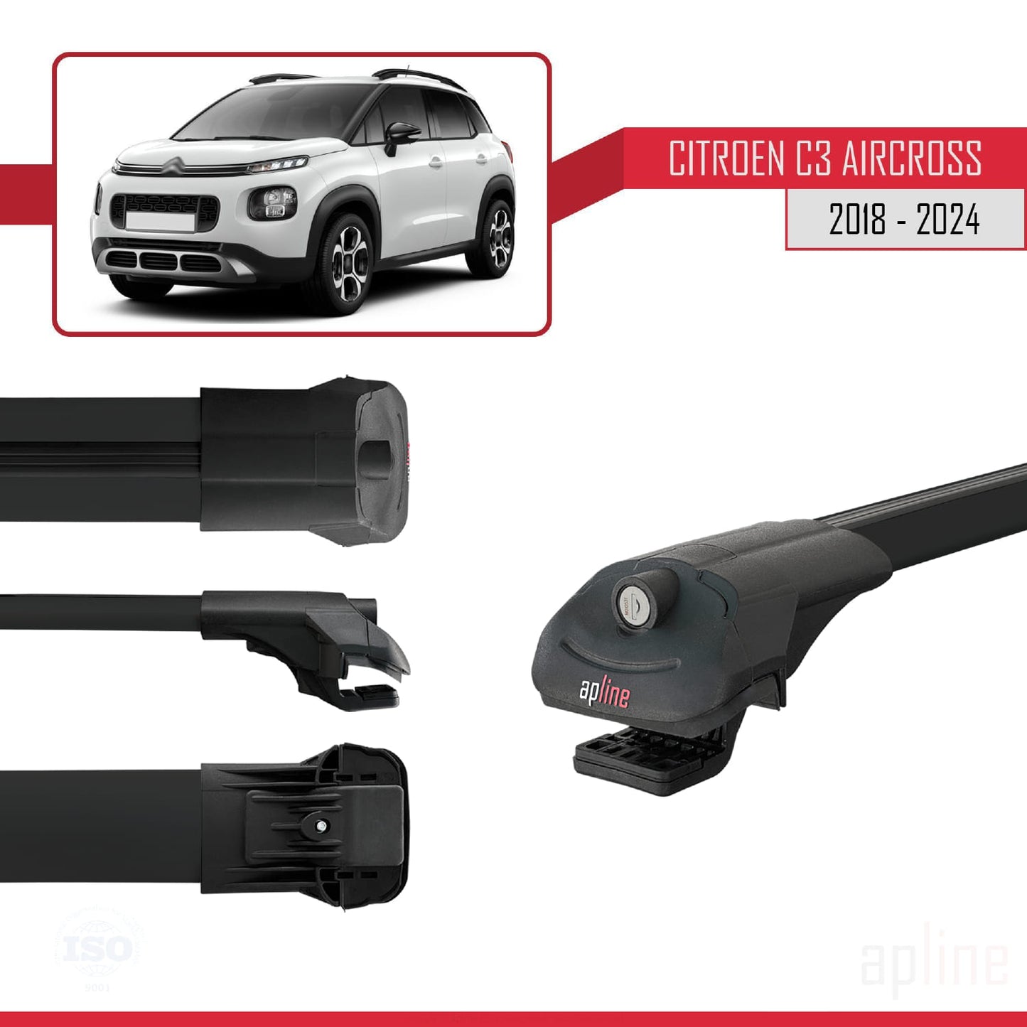 Compatible avec Citroen C3 Aircross (A88) 2018-2024 ACE-1 Barres de Toit Railing Porte-Bagages de Voiture Noir Aluminium 2 Barres