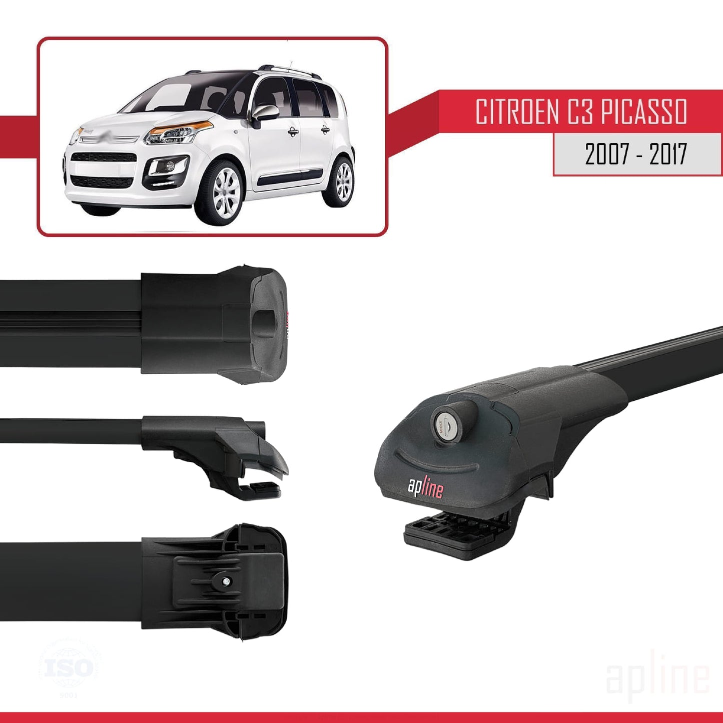 Compatible con Citroen C3 Picasso 2009-2017 ACE-1 Barras de Techo Auto Portaequipajes Barras Transversales Negro Aluminio 3 Barras