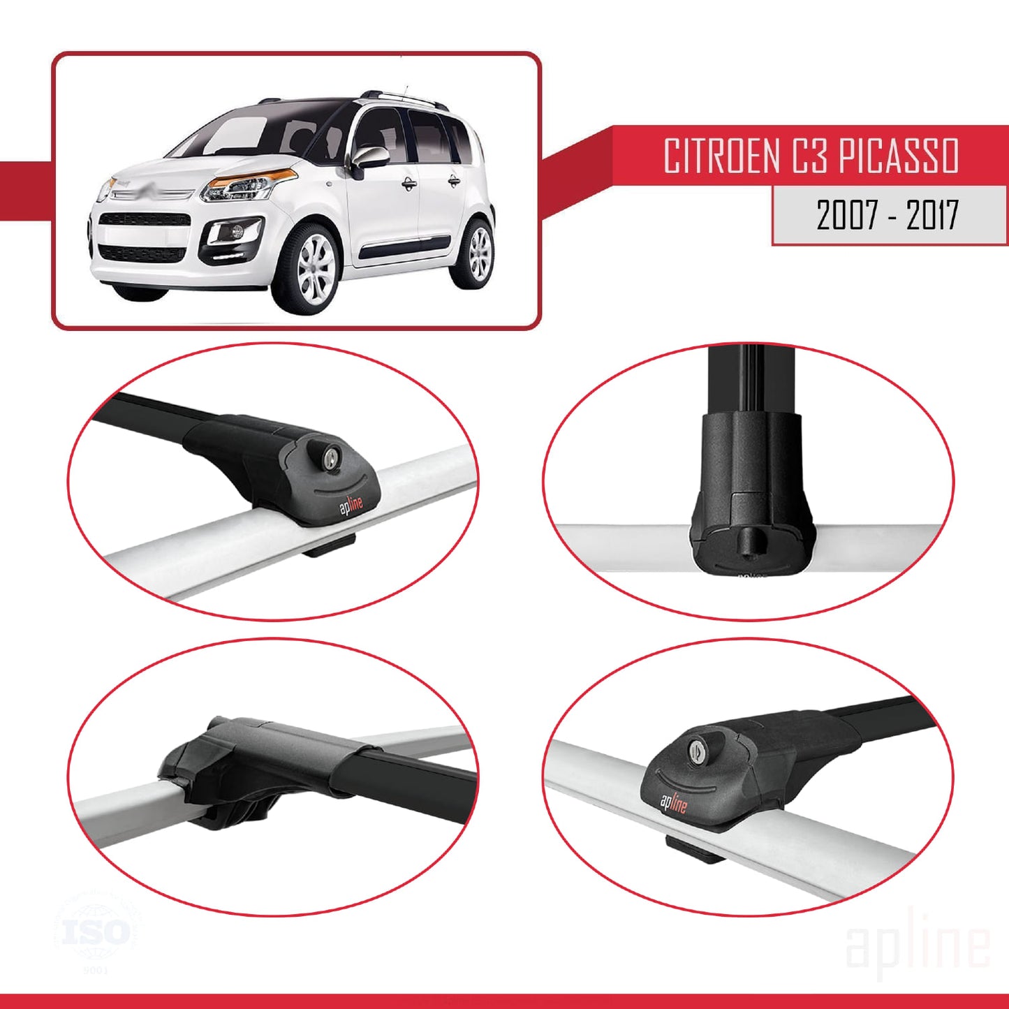 Compatible con Citroen C3 Picasso 2009-2017 ACE-1 Barras de Techo Auto Portaequipajes Barras Transversales Negro Aluminio 3 Barras