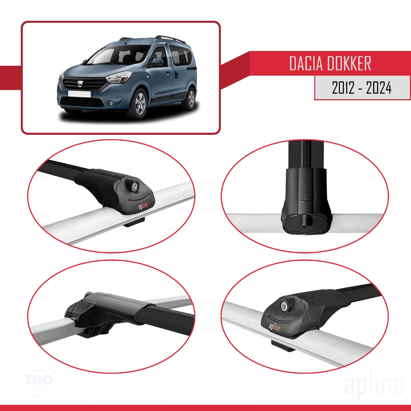 Compatible avec Dacia Dokker (K67) 2012-2024 ACE-1 Barres de Toit Railing Porte-Bagages de Voiture Noir Aluminium 2 Barres