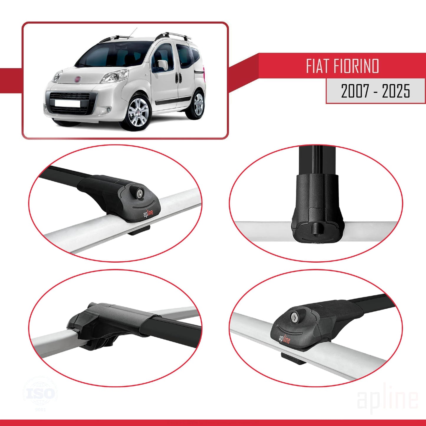 Compatible avec Fiat Fiorino 3 2008-2025 ACE-1 Barres de Toit Railing Porte-Bagages de Voiture Noir Aluminium 4 Barres