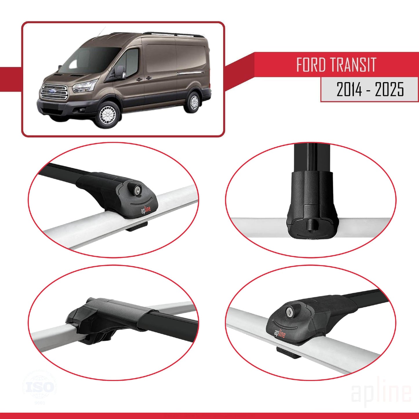Compatible avec Ford Transit 2014-2025 ACE-1 Barres de Toit Railing Porte-Bagages de Voiture Noir Aluminium 2 Barres