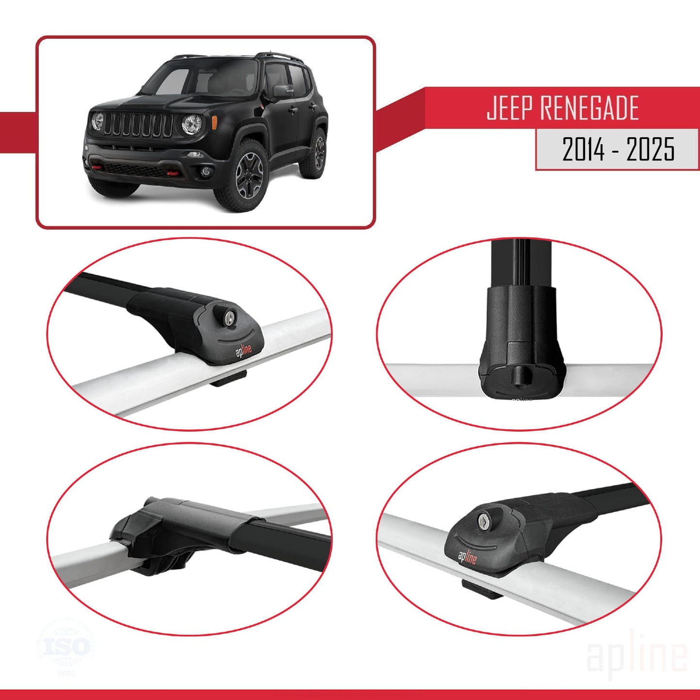 Compatible with Jeep Renegade (BU) 2014-2025 ACE-1 Car Roof Rack Cross Bar Black Aluminium 3 Bars