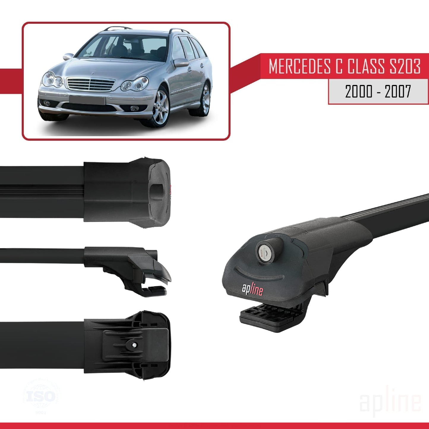 Compatible avec Mercedes Classe C 2 (S203) 2000-2007 ACE-1 Barres de Toit Railing Porte-Bagages de Voiture Noir Aluminium 2 Barres