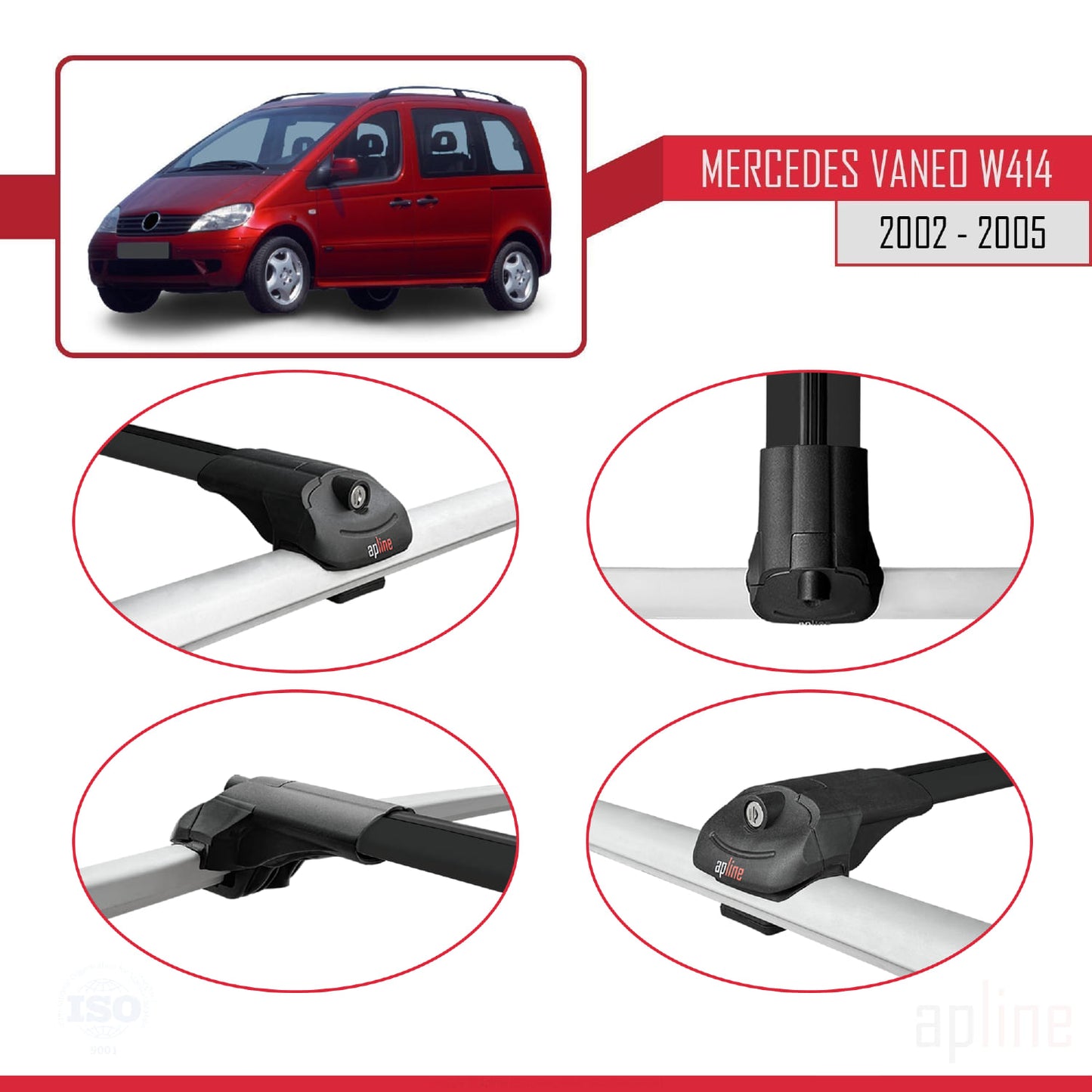 Compatible with Mercedes Vaneo (W414) 2002-2005 ACE-1 Car Roof Rack Cross Bar Black Aluminium 2 Bars