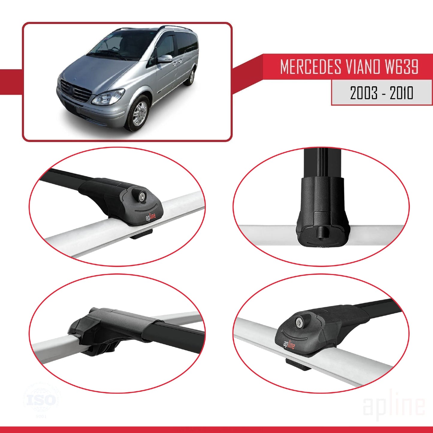 Compatible con Mercedes Viano 2 (W639) Pre-Facelift 2003-2010 ACE-1 Barras de Techo Auto Portaequipajes Barras Transversales Negro Aluminio 3 Barras