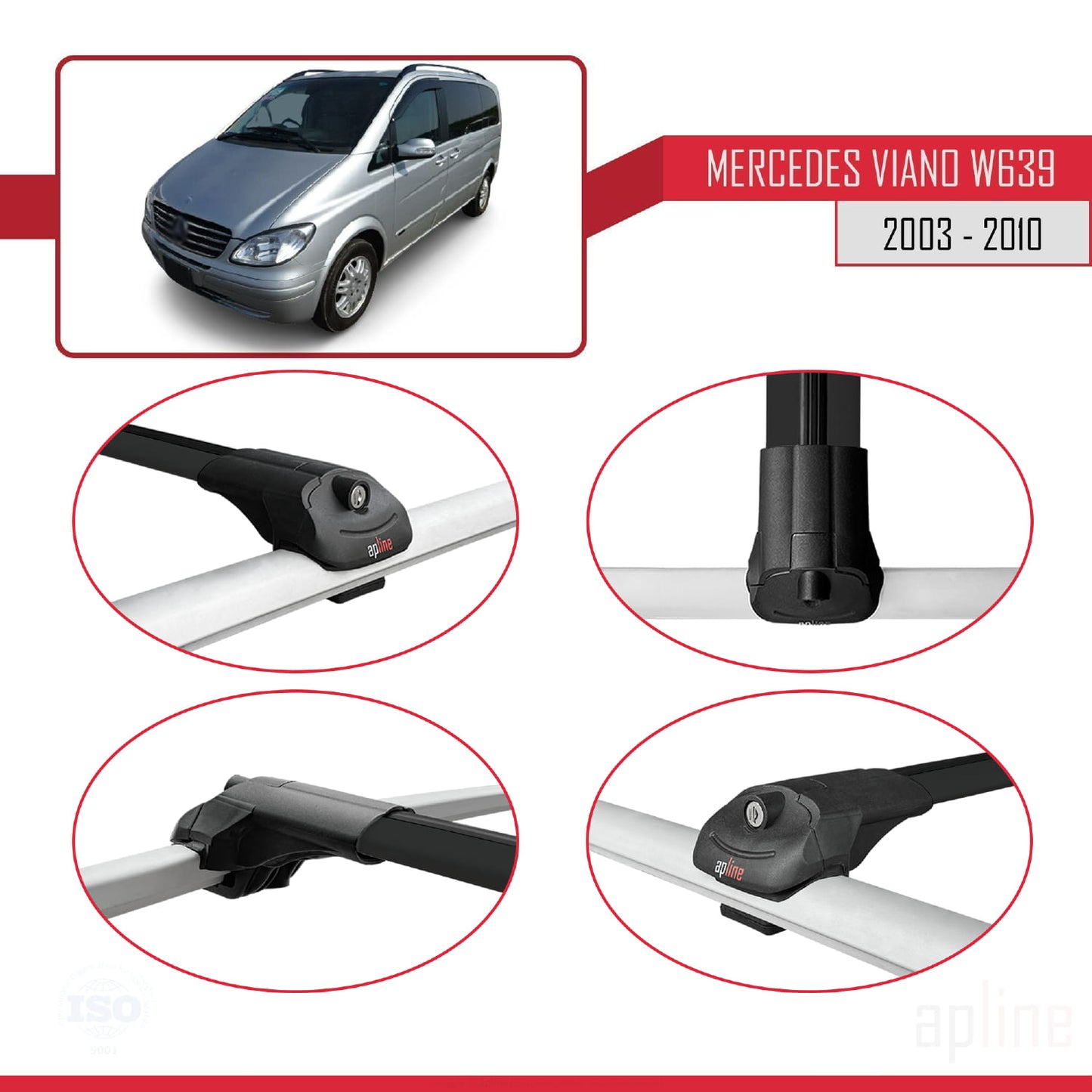 Compatible con Mercedes Viano 2 (W639) Pre-Facelift 2003-2010 ACE-1 Barras de Techo Auto Portaequipajes Barras Transversales Negro Aluminio 4 Barras