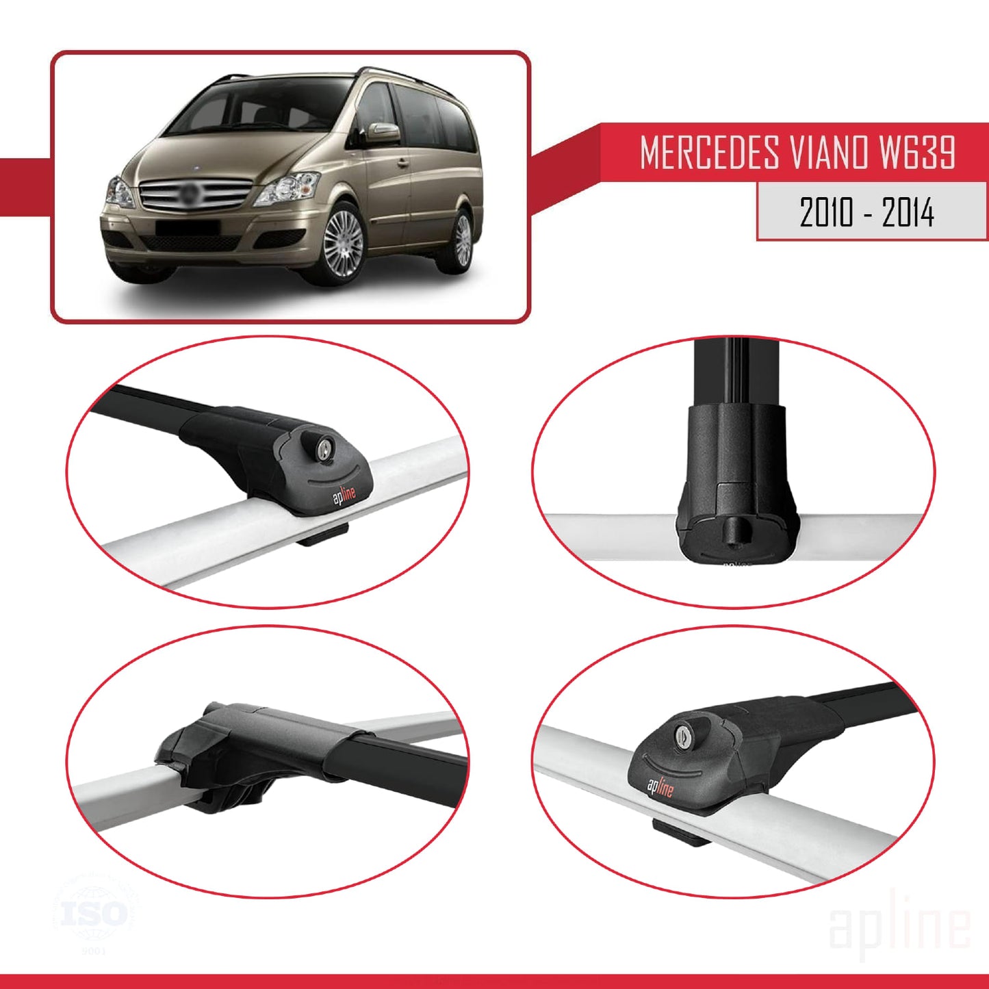 Compatible with Mercedes Viano 2 (W639) Post-Facelift 2010-2014 ACE-1 Car Roof Rack Cross Bar Black Aluminium 4 Bars