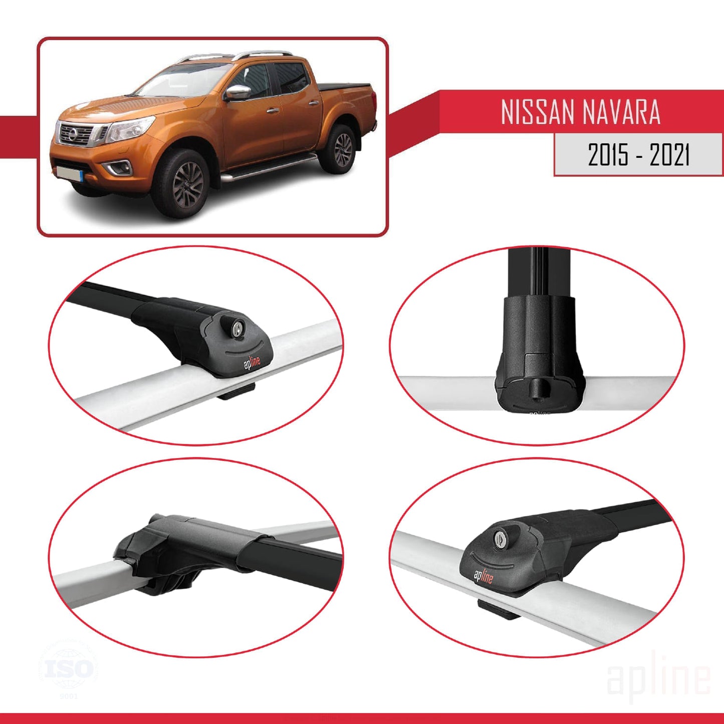 Compatible con Nissan Navara 4 (D23) 2015-2021 ACE-1 Barras de Techo Auto Portaequipajes Barras Transversales Negro Aluminio 3 Barras