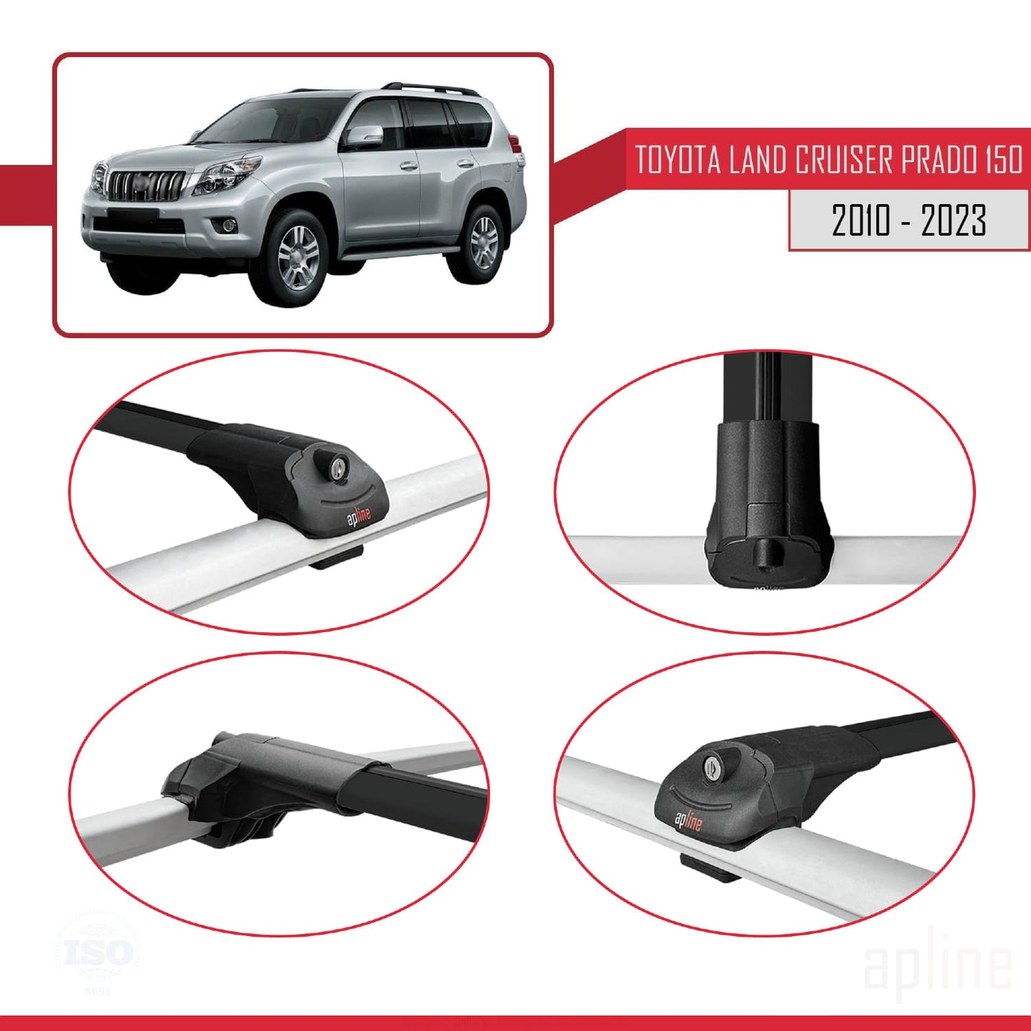 Compatible avec Toyota Land Cruiser Prado (J150) 2010-2023 ACE-1 Barres de Toit Railing Porte-Bagages de Voiture Noir Aluminium 3 Barres