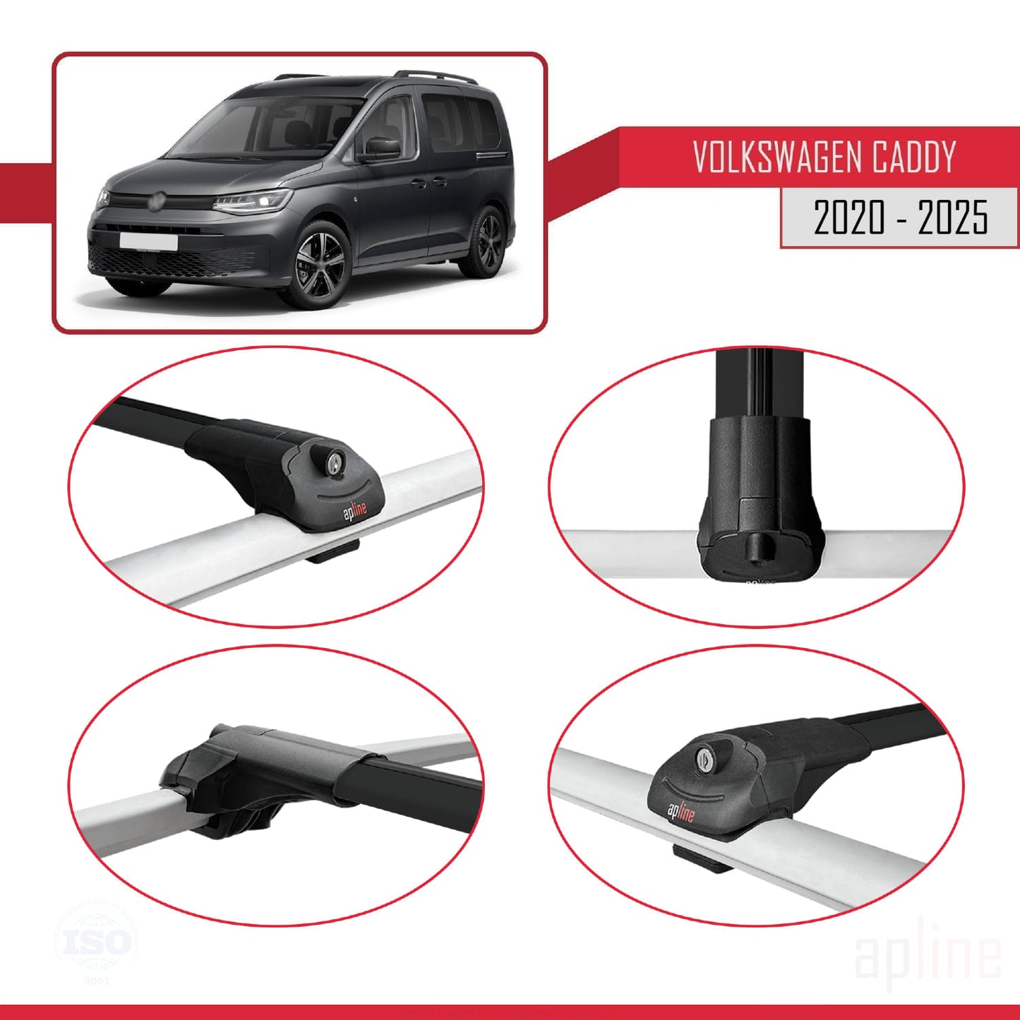 Compatible avec Volkswagen Caddy 4 (SB) 2020-2025 ACE-1 Barres de Toit Railing Porte-Bagages de Voiture Noir Aluminium 3 Barres