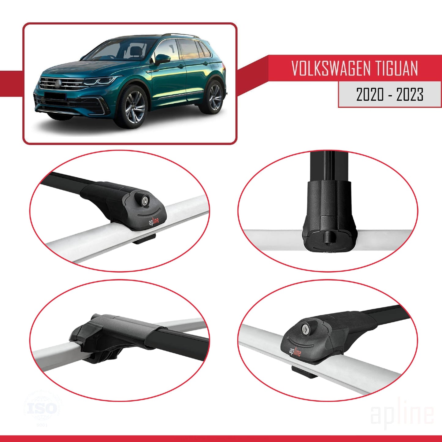 Compatible avec Volkswagen Tiguan 2 (AX1) Post-Facelift 2020-2023 ACE-1 Barres de Toit Railing Porte-Bagages de Voiture Noir Aluminium 3 Barres