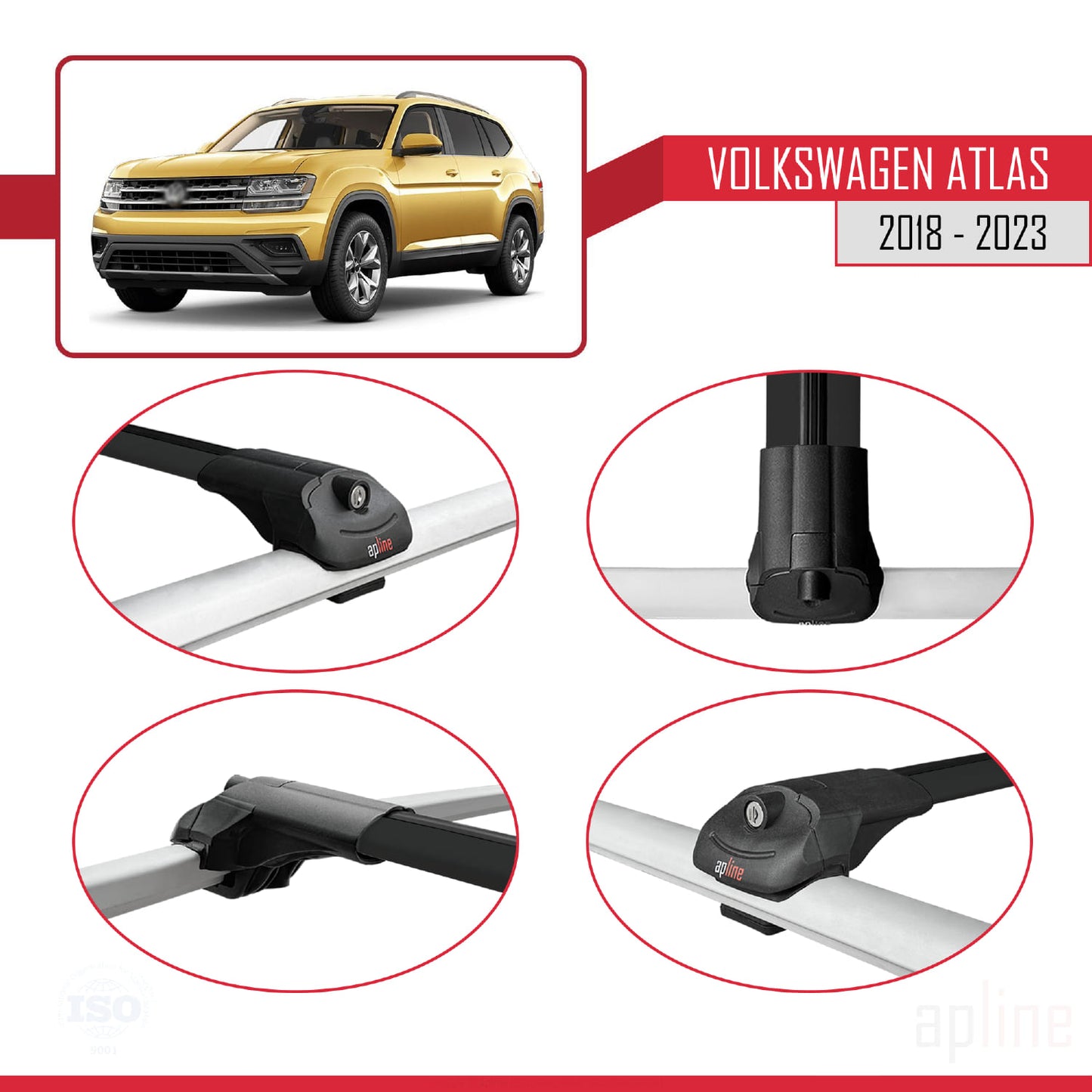 Compatible avec Volkswagen Atlas (CA1) 2018-2023 ACE-1 Barres de Toit Railing Porte-Bagages de Voiture Noir Aluminium 3 Barres