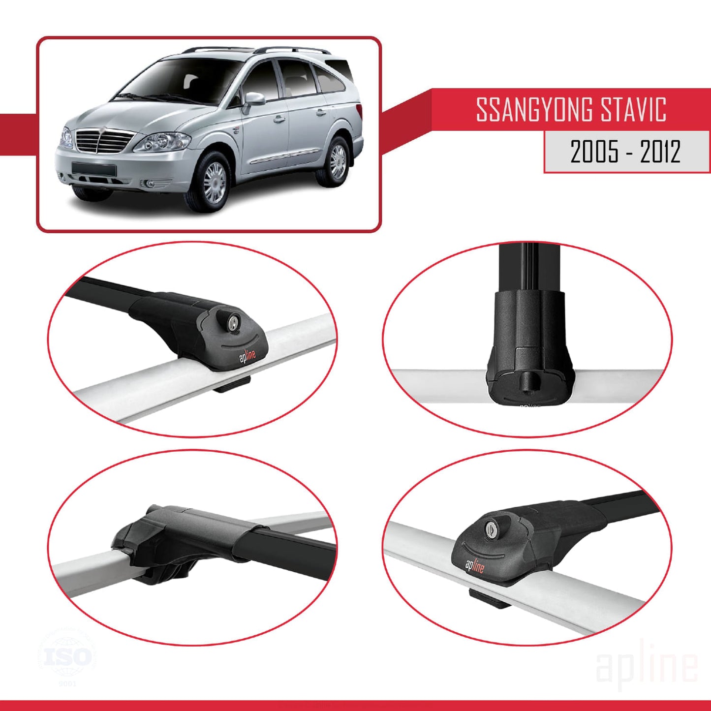 Compatible avec Ssangyong Stavic 2005-2012 ACE-1 Barres de Toit Railing Porte-Bagages de Voiture Noir Aluminium 3 Barres