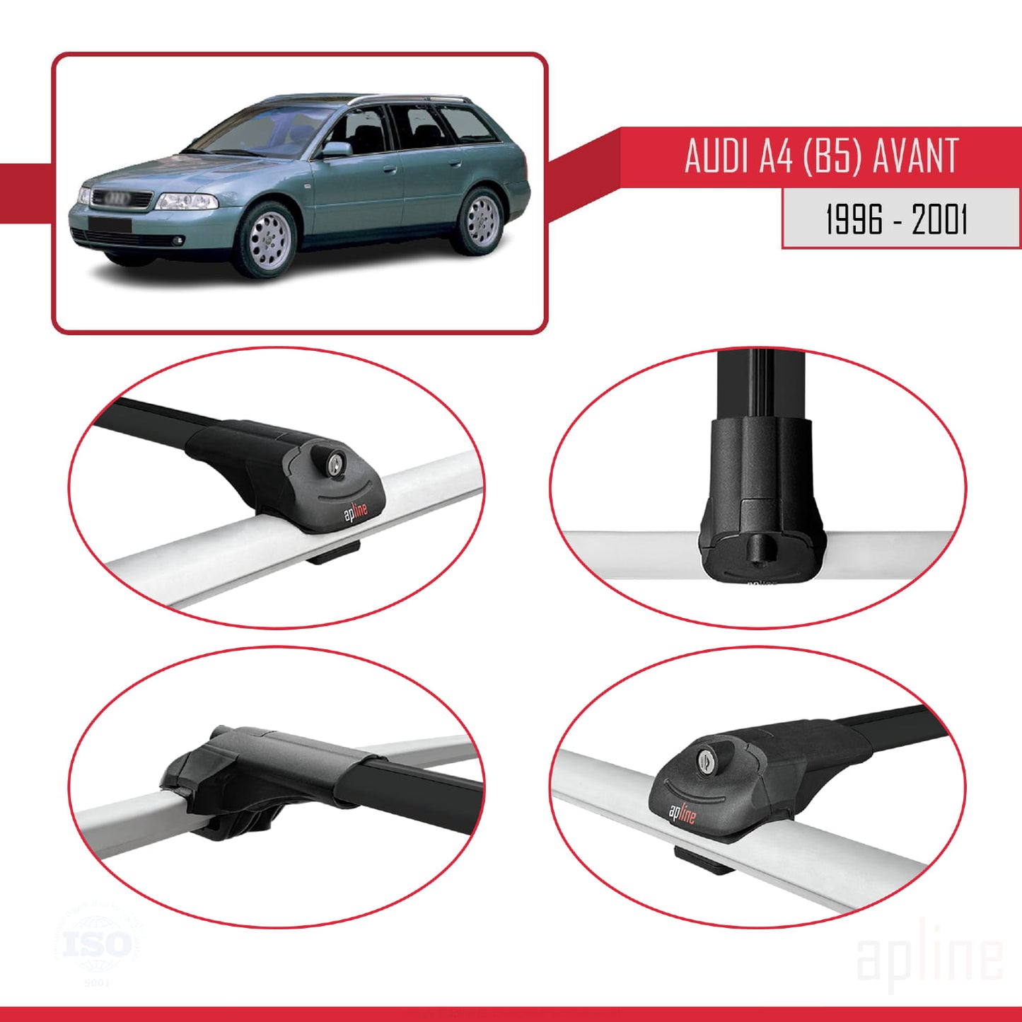 Kompatibel mit A4 (B5) Avant 1996-2001 ACE-1 Dachgepäckträger, schwarzes Aluminium, 3 Stangen