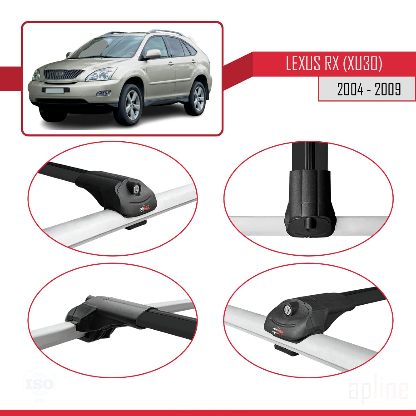 Compatible avec Lexus RX 2 (XU30) 2004-2009 ACE-1 Barres de Toit Railing Porte-Bagages de Voiture Noir Aluminium 2 Barres