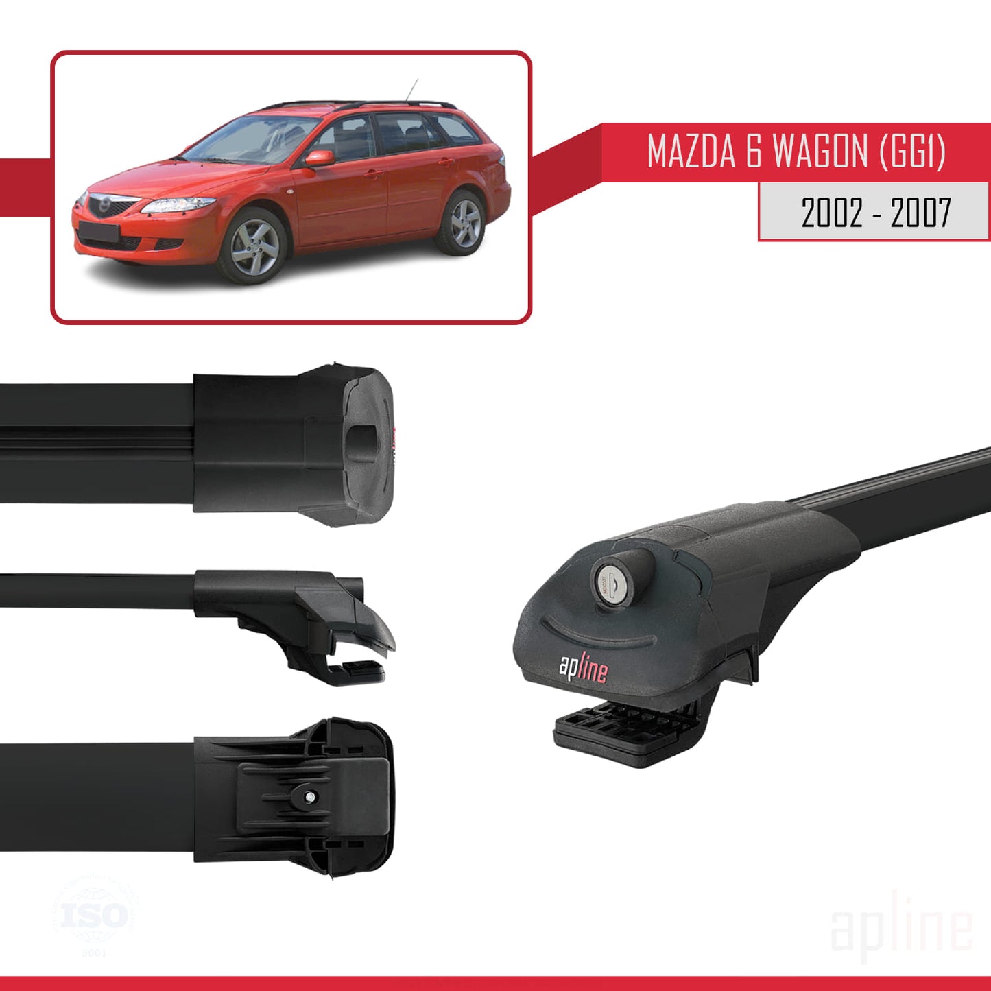 Compatible avec Mazda 6 I (GG1) 2002-2007 ACE-1 Barres de Toit Railing Porte-Bagages de Voiture Noir Aluminium 3 Barres