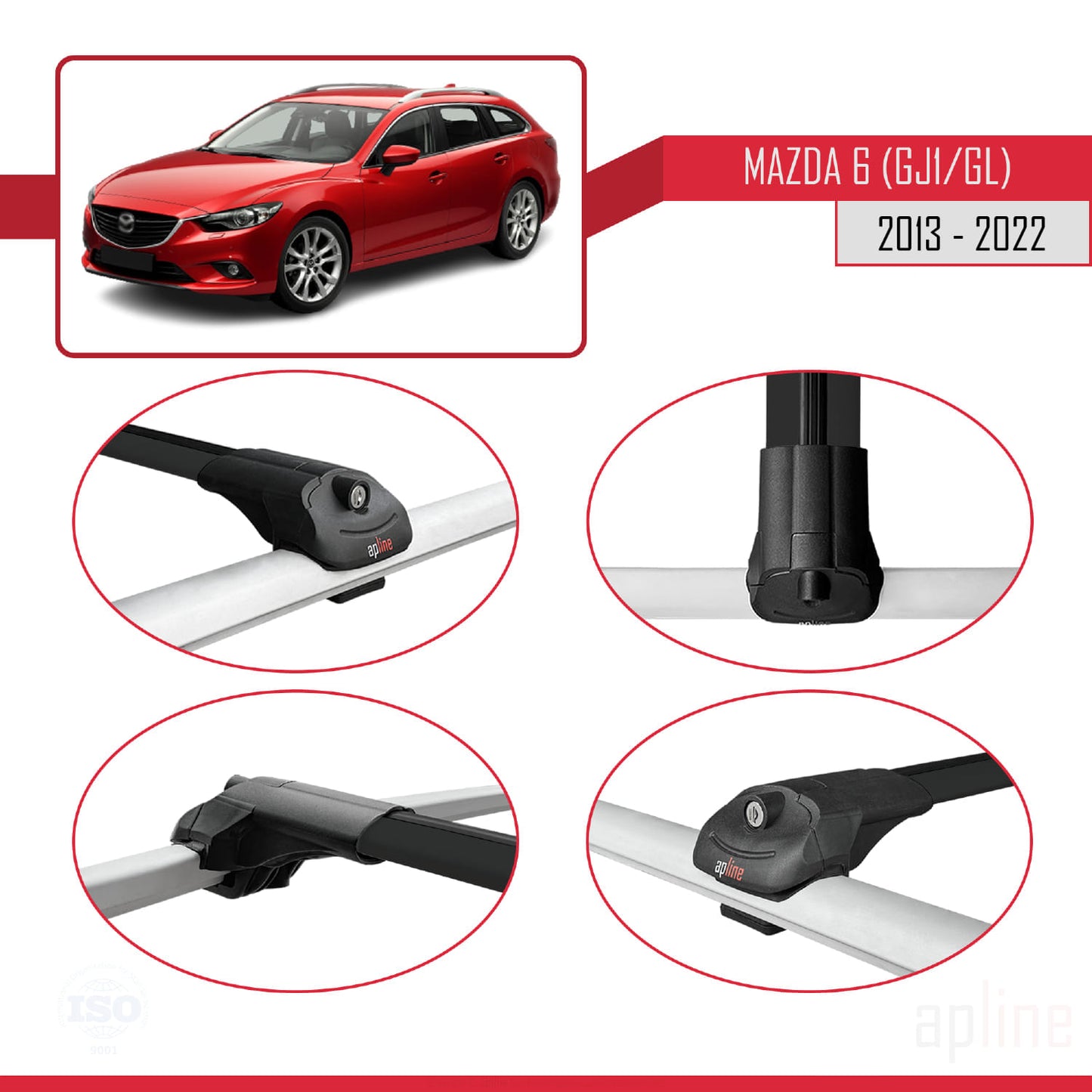 Compatible avec Mazda 6 III (GJ1/GL) 2013-2022 ACE-1 Barres de Toit Railing Porte-Bagages de Voiture Noir Aluminium 3 Barres