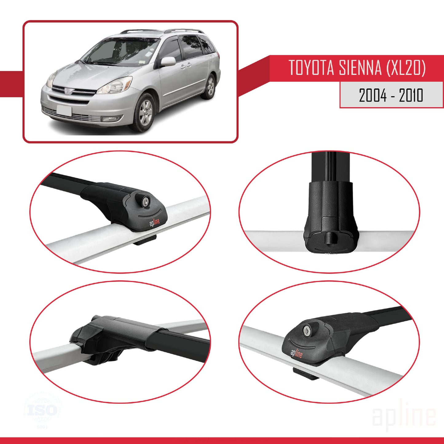 Compatible avec Toyota Sienna 2 (XL20) 2004-2010 ACE-1 Barres de Toit Railing Porte-Bagages de Voiture Noir Aluminium 3 Barres