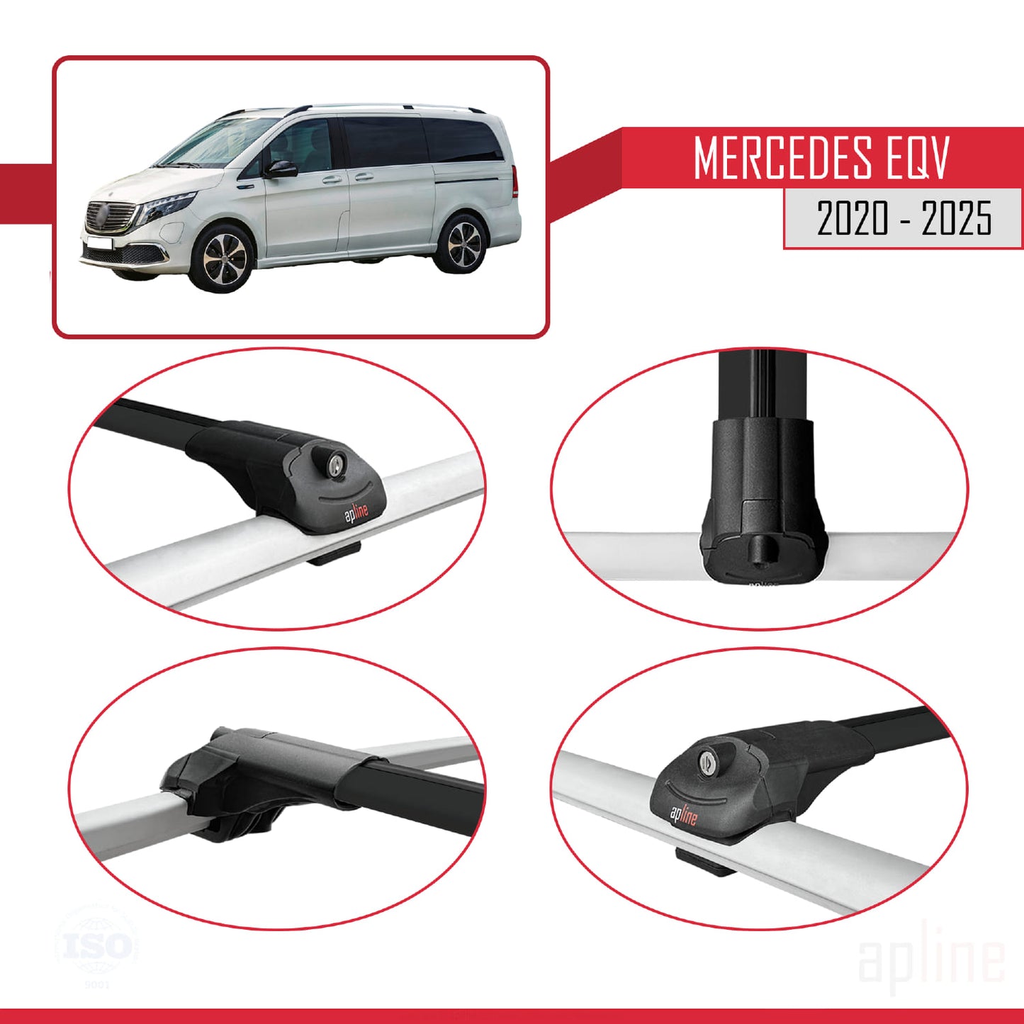 Compatible avec Mercedes EQV (W447) 2020-2025 ACE-1 Barres de Toit Railing Porte-Bagages de Voiture Noir Aluminium 4 Barres