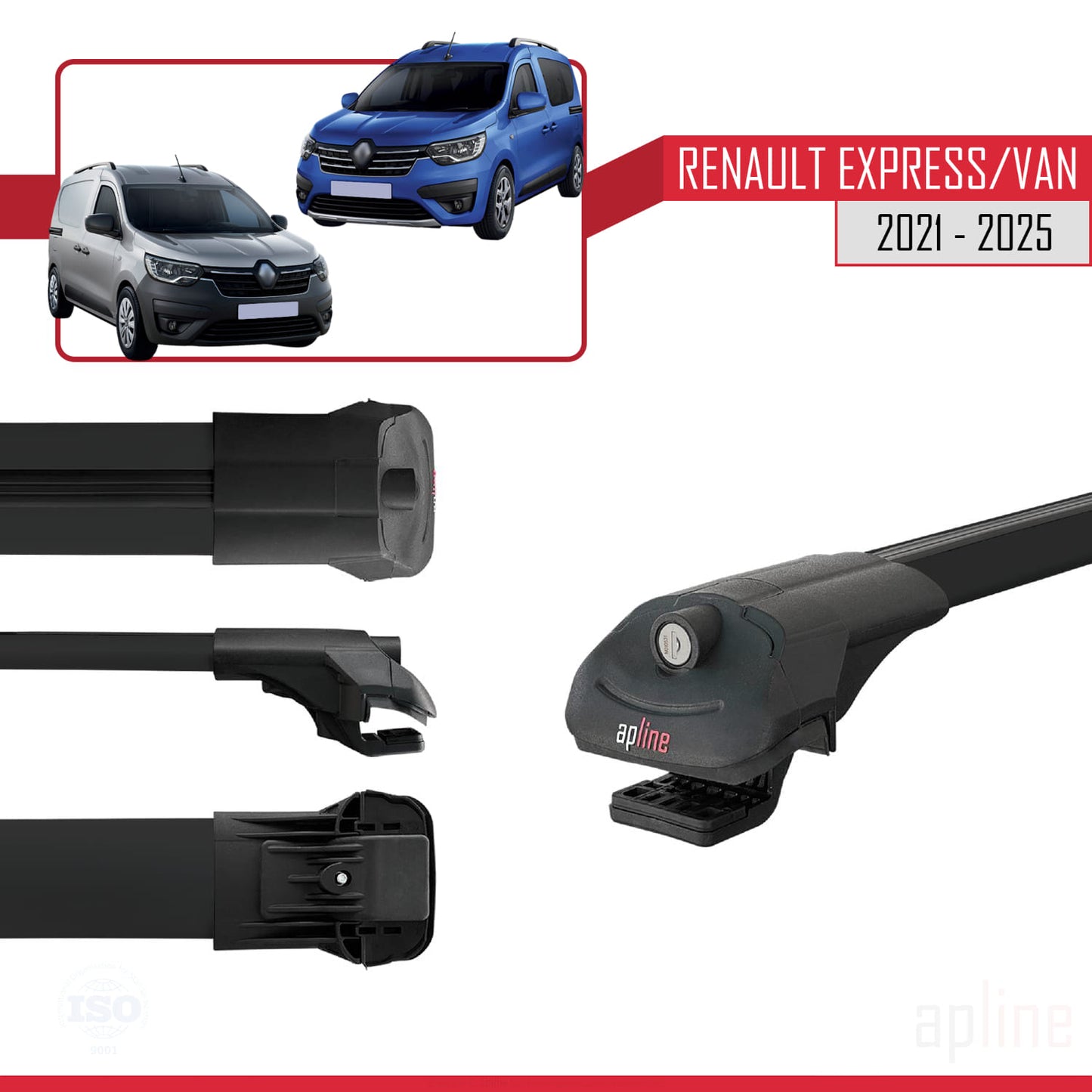 Compatible avec Renault Express 2021-2025 ACE-1 Barres de Toit Railing Porte-Bagages de Voiture Noir Aluminium 2 Barres