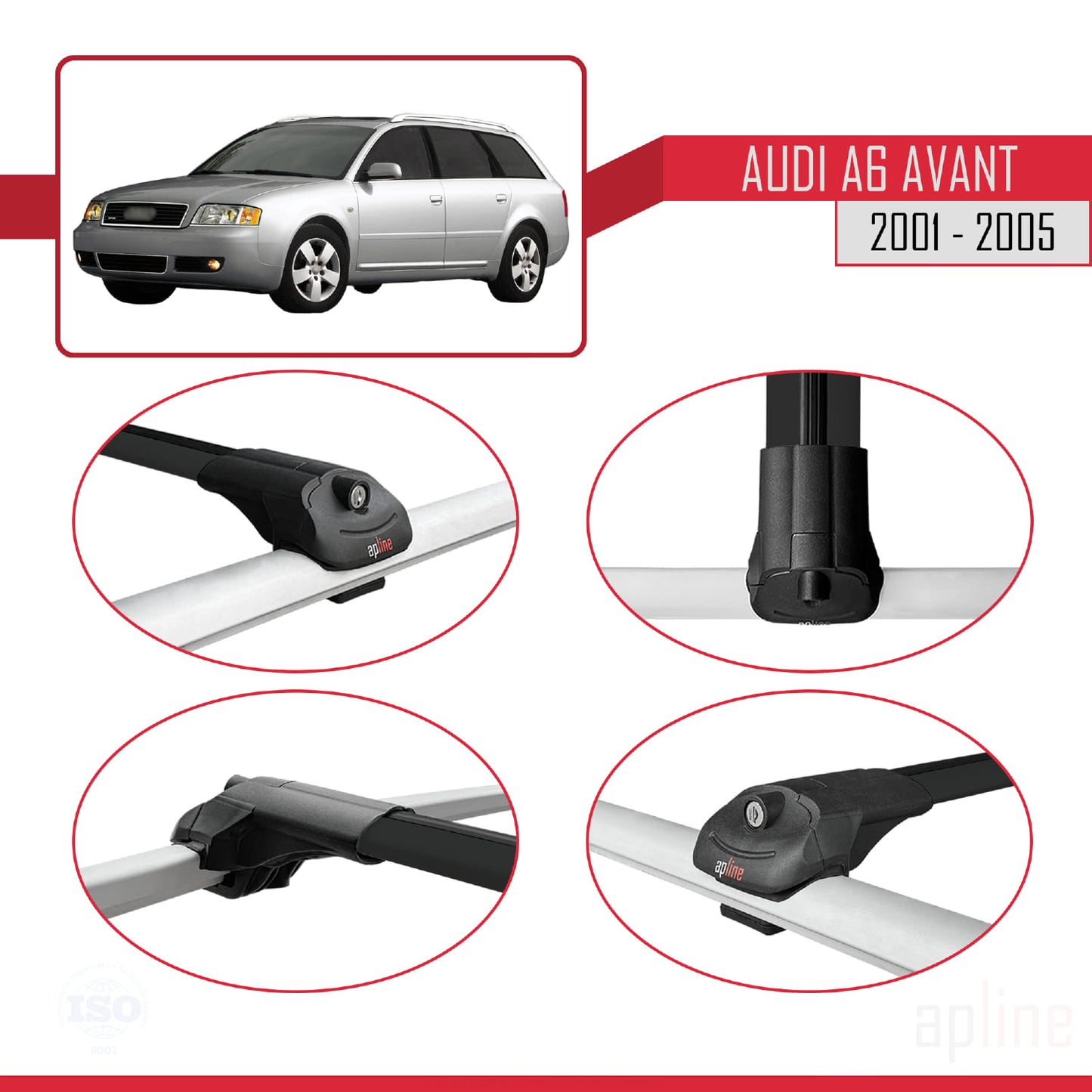 Compatible avec Audi A6 Avant 2001-2005 ACE-1 Barres de Toit Railing Porte-Bagages de Voiture Noir Aluminium 2 Barres