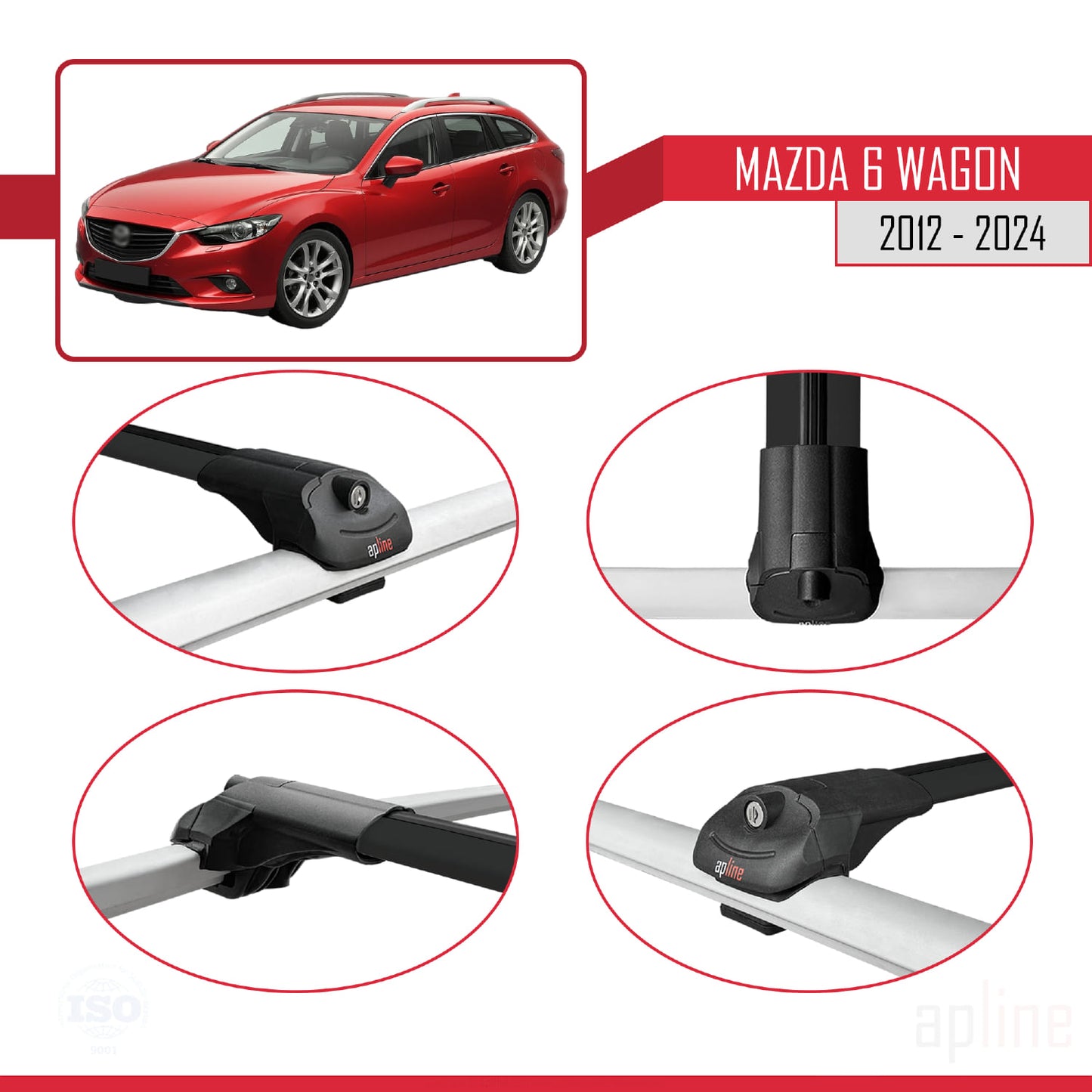Compatible avec Mazda 6 Wagon 2012-2024 ACE-1 Barres de Toit Railing Porte-Bagages de Voiture Noir Aluminium 2 Barres