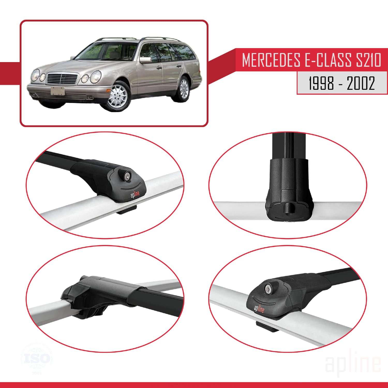 Compatible avec Mercedes E Class S210 Wagon 1998-2002 ACE-1 Barres de Toit Railing Porte-Bagages de Voiture Noir Aluminium 2 Barres