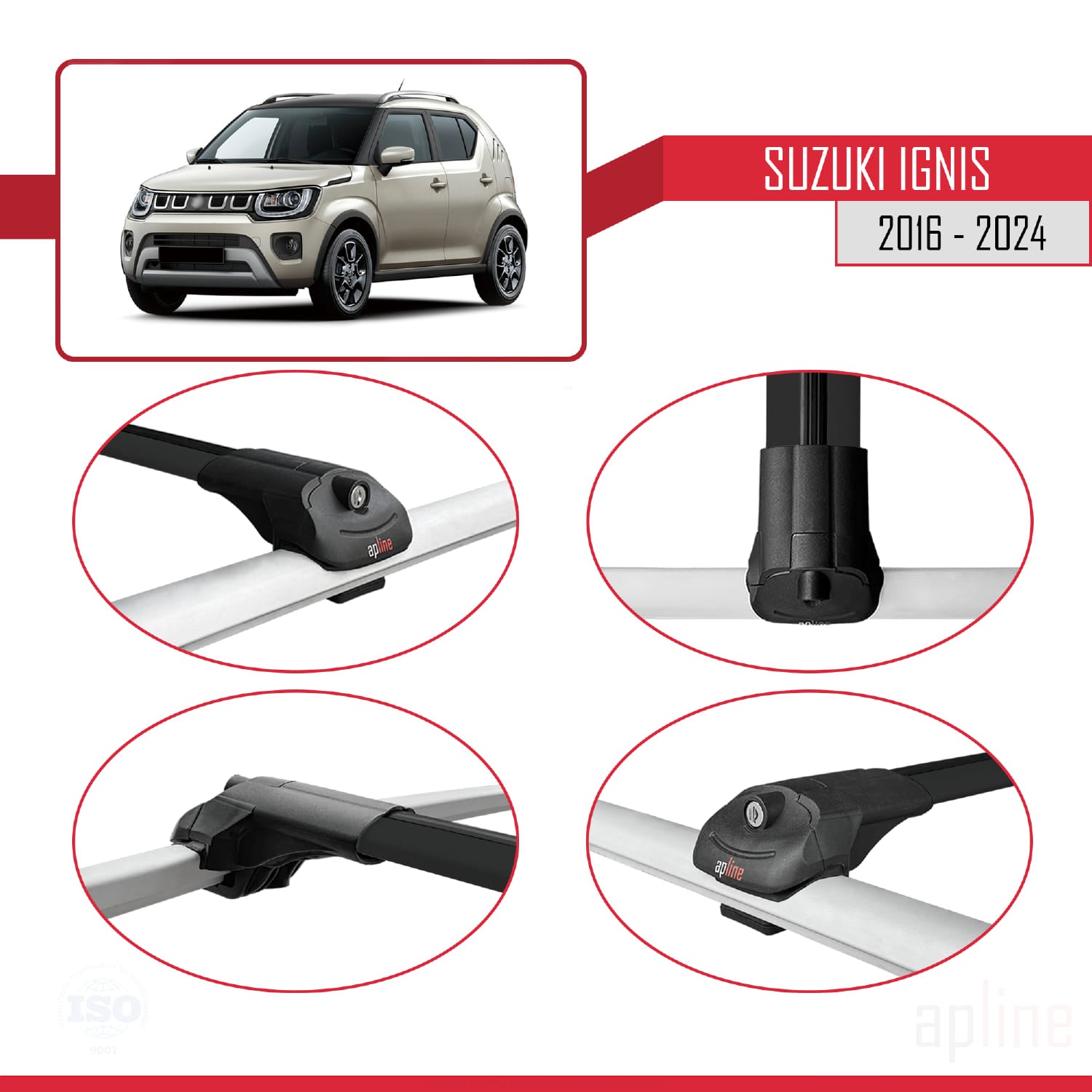 Compatible avec Suzuki Ignis 2016-2024 ACE-1 Barres de Toit Railing Porte-Bagages de Voiture Noir Aluminium 3 Barres