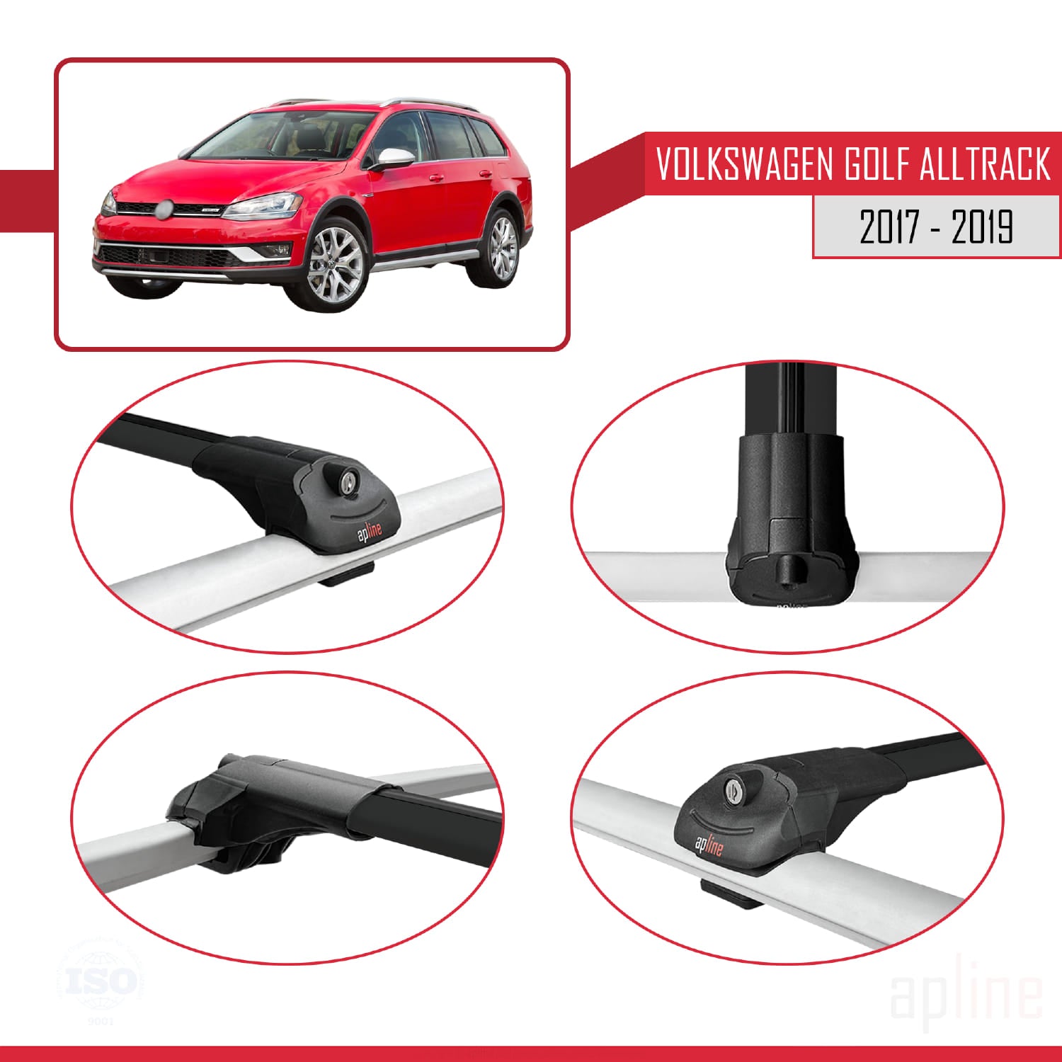 Compatible avec VW Golf Alltrack Mk7 2017-2019 ACE-1 Barres de Toit Railing Porte-Bagages de Voiture Noir Aluminium 3 Barres