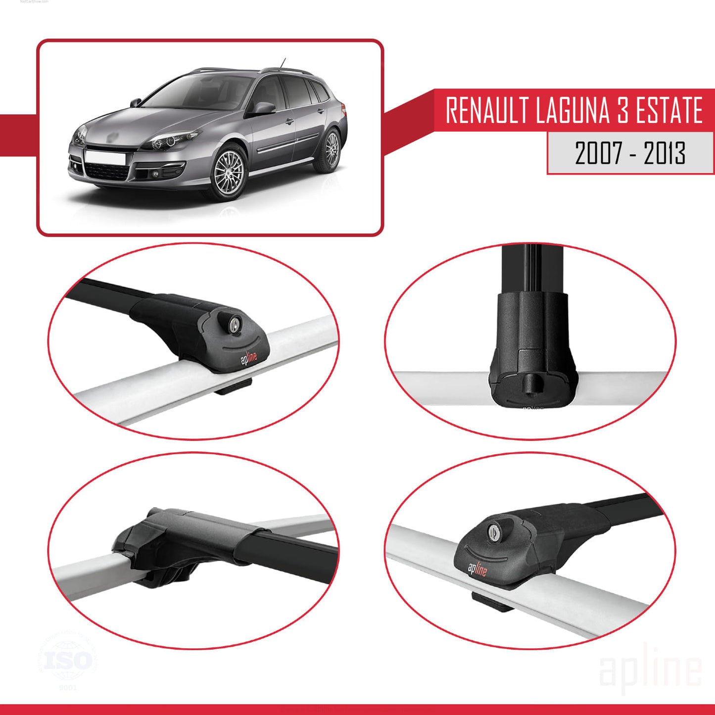 Compatible avec Renault Laguna 3 Estate 2007-2013 ACE-1 Barres de Toit Railing Porte-Bagages de Voiture Noir Aluminium 2 Barres