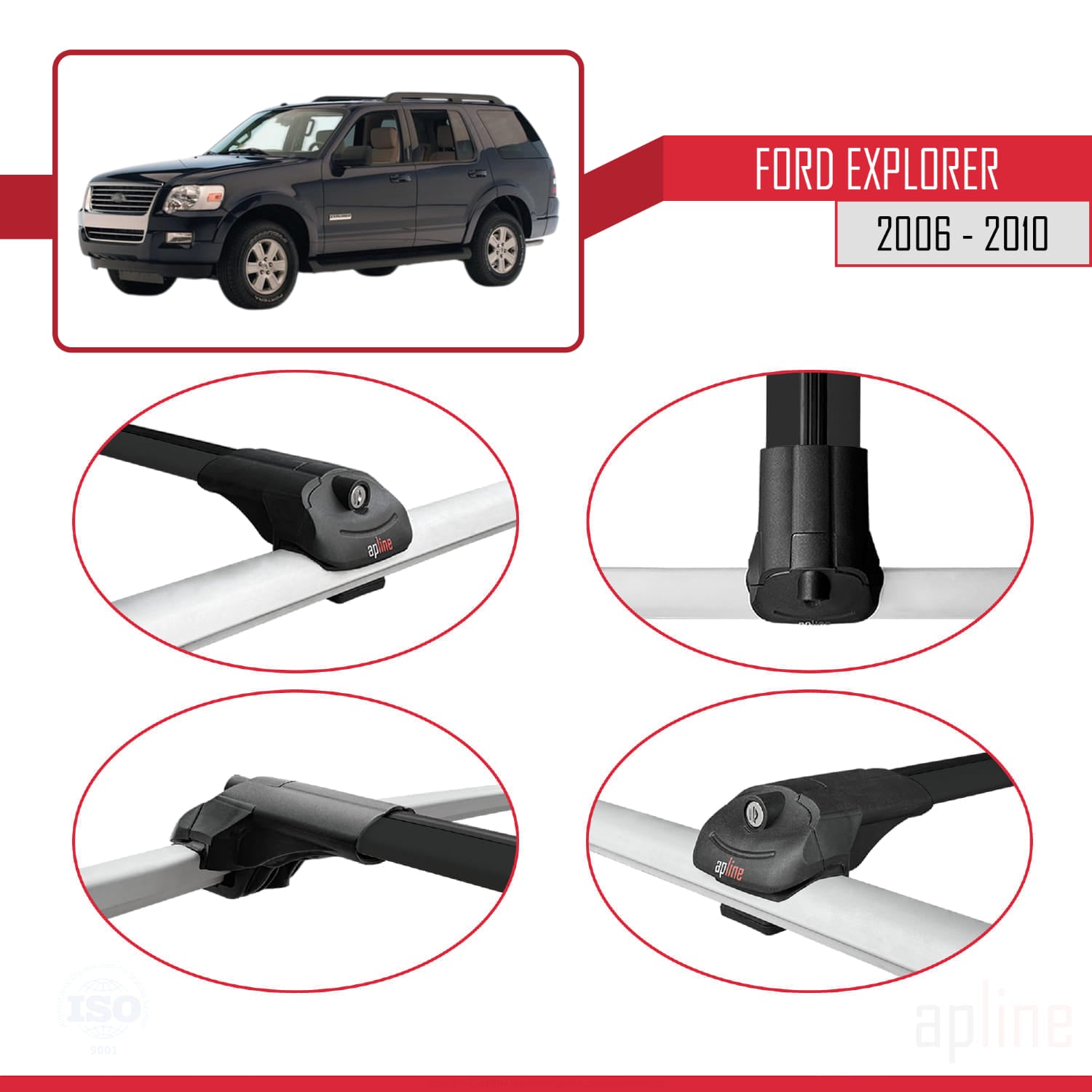 Compatible avec Ford Explorer 2006-2010 ACE-1 Barres de Toit Railing Porte-Bagages de Voiture Noir Aluminium 3 Barres