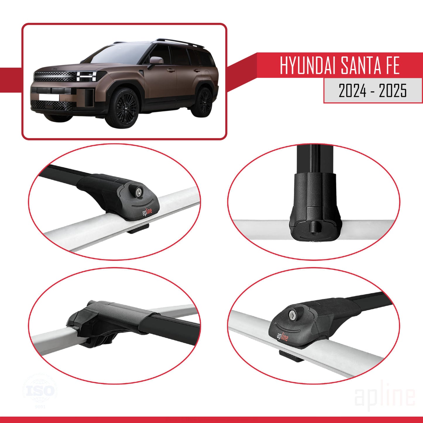 Compatible avec Hyundai Santa Fe 2024-2025 ACE-1 Barres de Toit Railing Porte-Bagages de Voiture Noir Aluminium 3 Barres