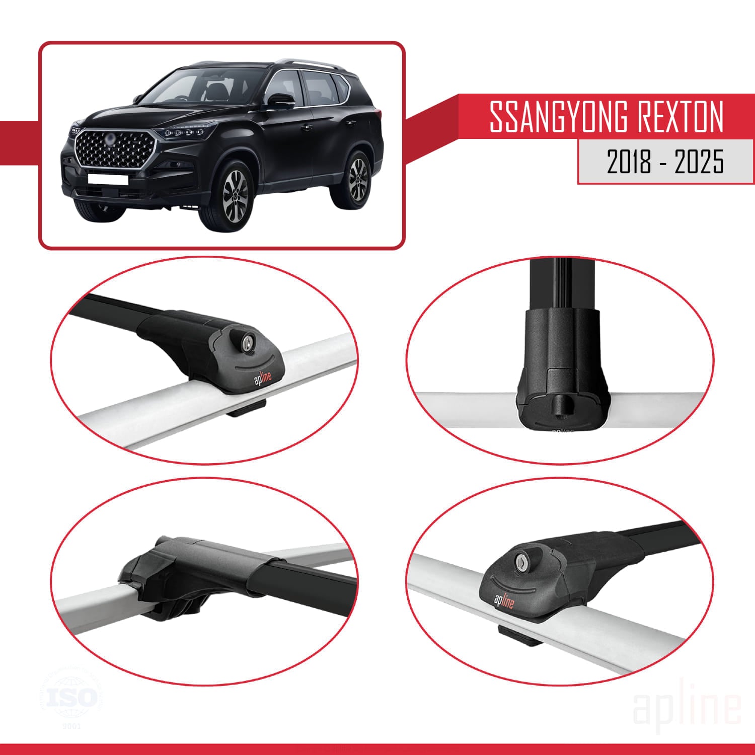 Compatible avec SsangYong Rexton 2018-2025 ACE-1 Barres de Toit Railing Porte-Bagages de Voiture Noir Aluminium 3 Barres