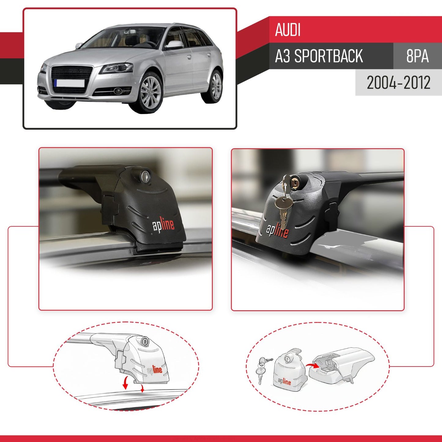 Compatible con A3 (8PA) Sportback 2004-2012 ACE-2 Barras de Techo Auto Portaequipajes Barras Transversales Negro Aluminio 2 Barras