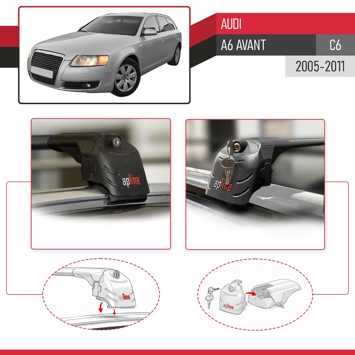 Compatible con A6 (C6) Avant 2005-2011 ACE-2 Barras de Techo Auto Portaequipajes Barras Transversales Negro Aluminio 2 Barras