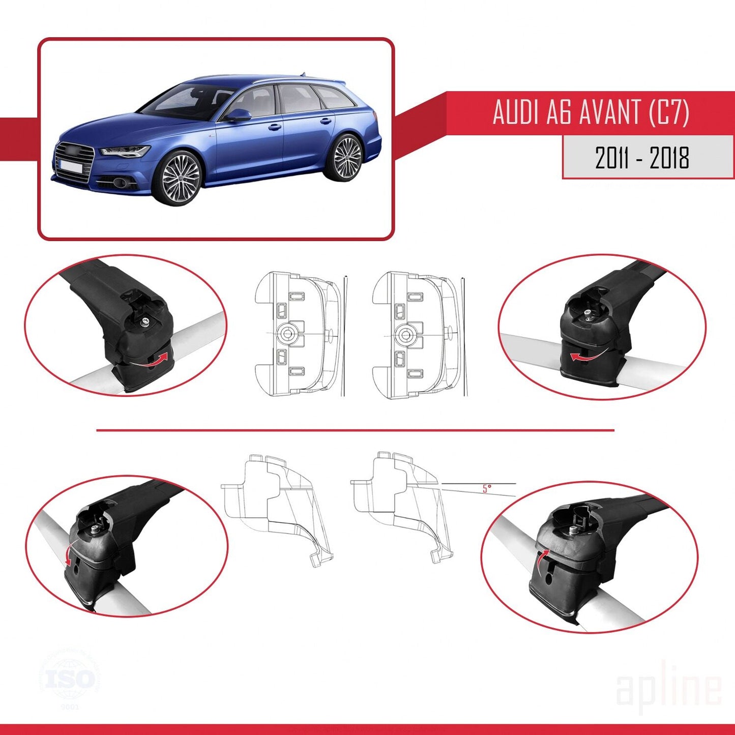 Kompatibel mit A6 (C7) Avant 2011-2018 ACE-2 Dachgepäckträger, schwarzes Aluminium, 2 Stangen
