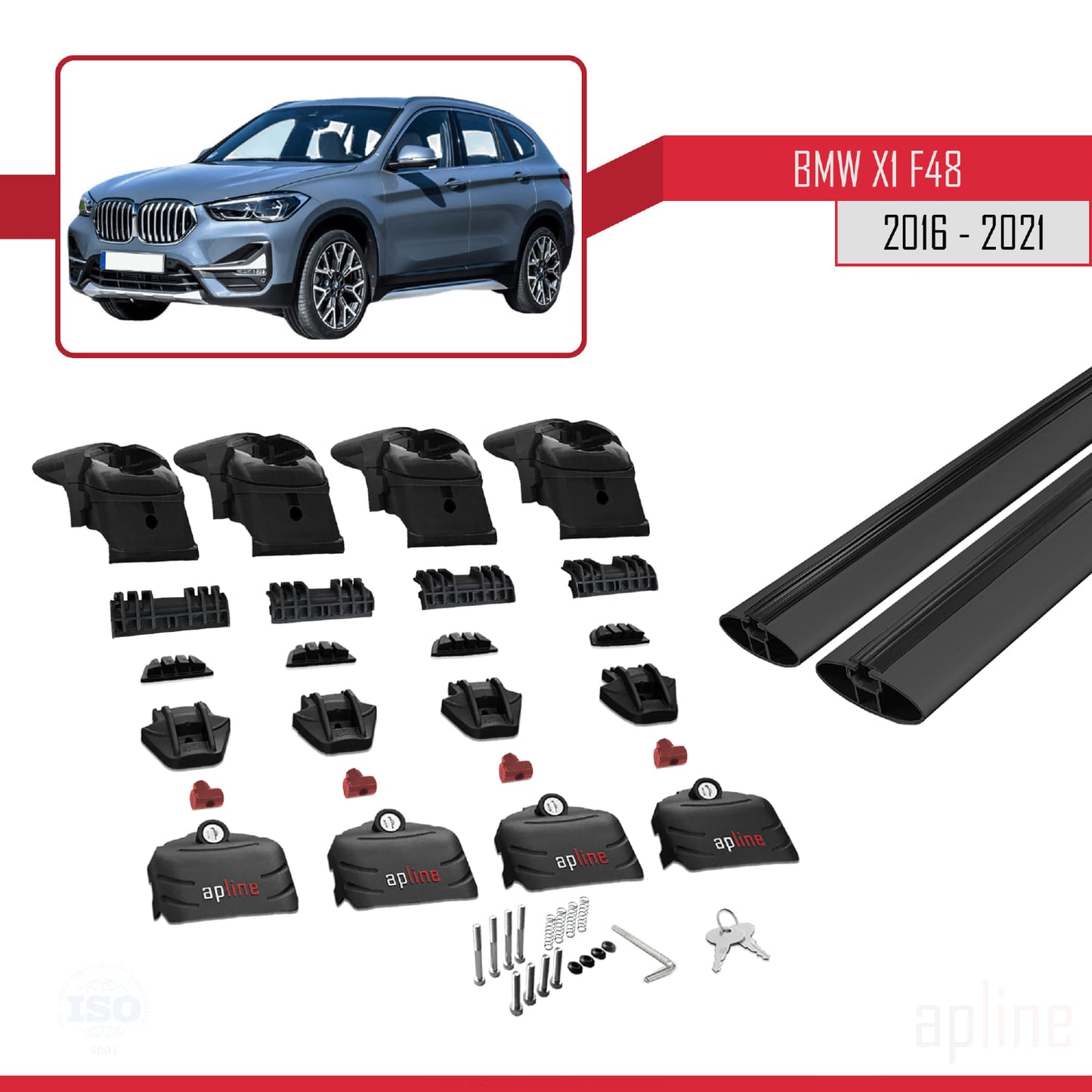 Kompatibel mit BMW X1 (F48) 2016-2022 ACE-2 Dachträger, Auto-Dachgepäckträger, schwarzes Aluminium, 2 Stangen