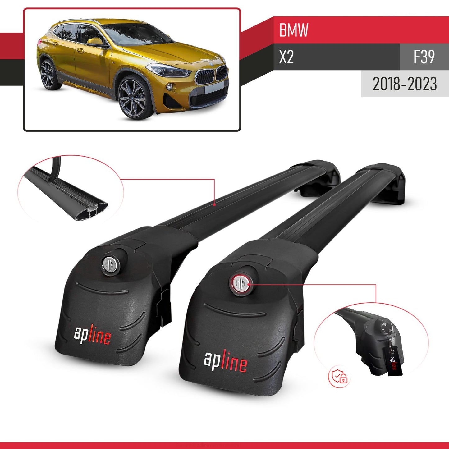Compatible con BMW X2 (F39) 2018-2023 ACE-2 Barras de Techo Auto Portaequipajes Barras Transversales Negro Aluminio 2 Barras