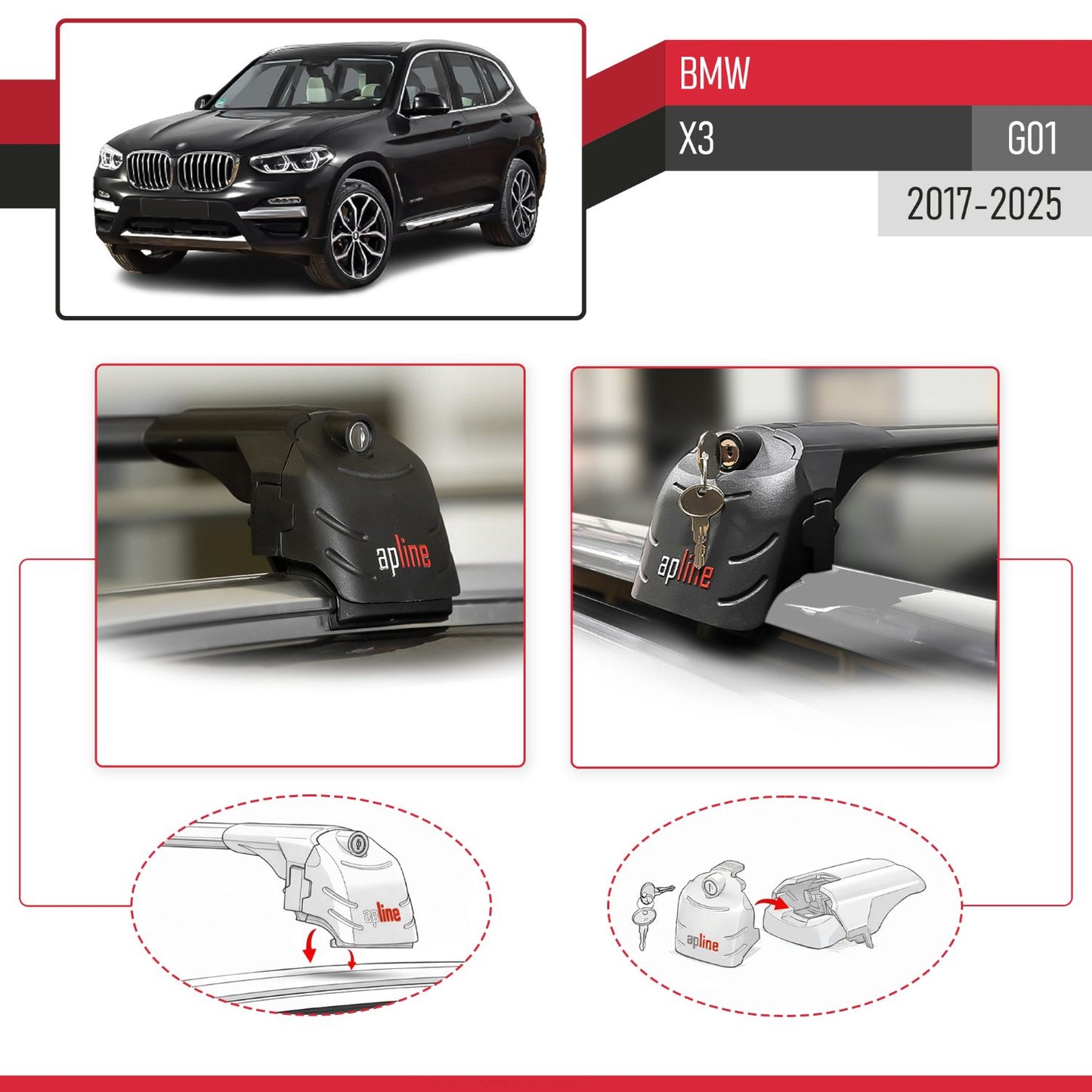 Compatible with BMW X3 (G01) 2018-2024 ACE-2 Car Roof Rack Cross Bar Black Aluminium 2 Bars