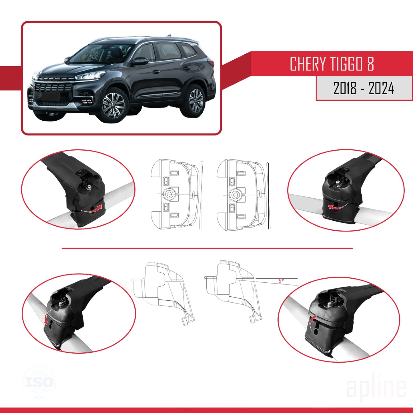 Compatibile con Chery Tiggo 8 2018-2024 ACE-2 Barre portatutto per auto Portapacchi in alluminio nero 2 barre