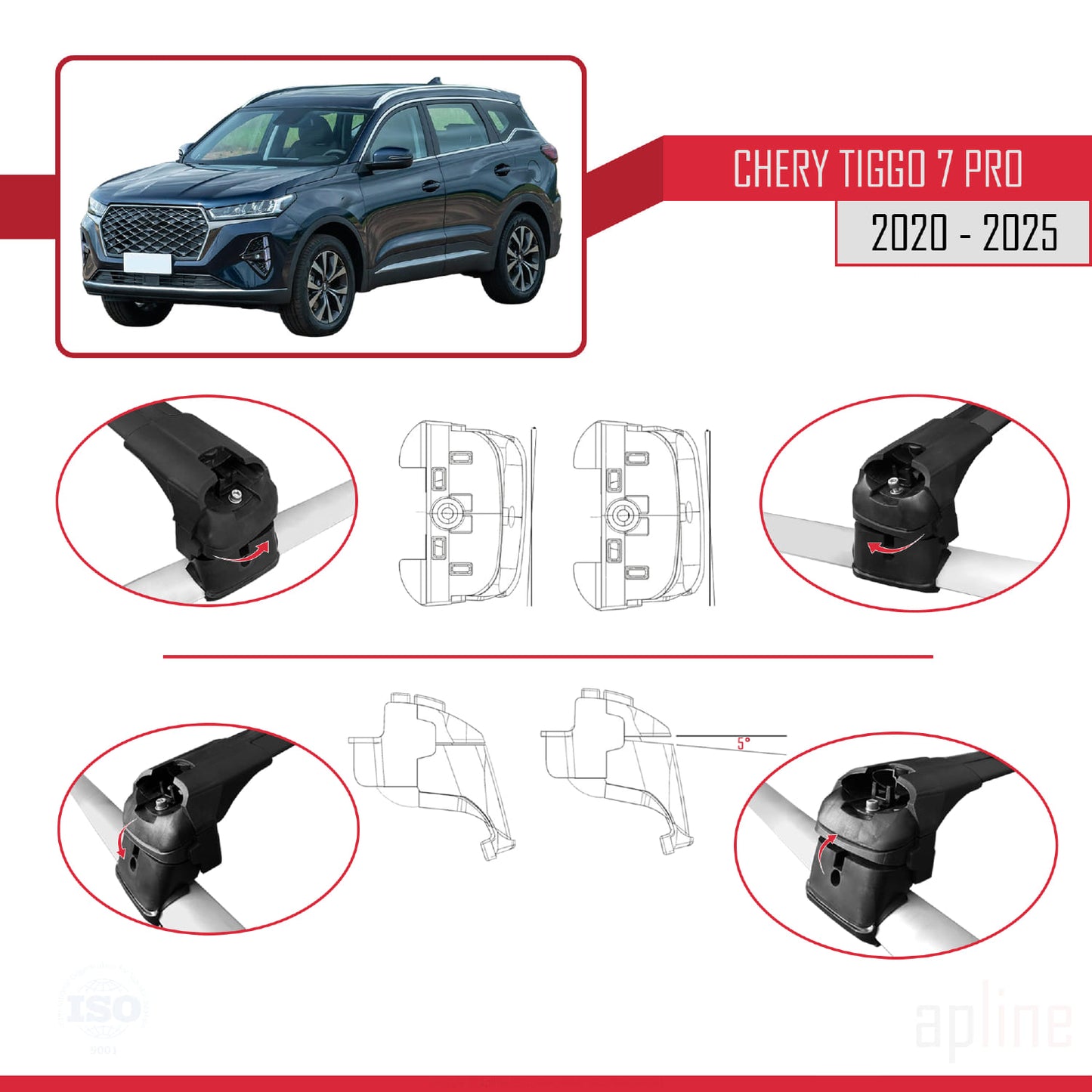 Compatibile con Chery Tiggo 7 (T15) Pro 2020-2025 ACE-2 Barre portatutto per auto Portapacchi in alluminio nero 2 barre