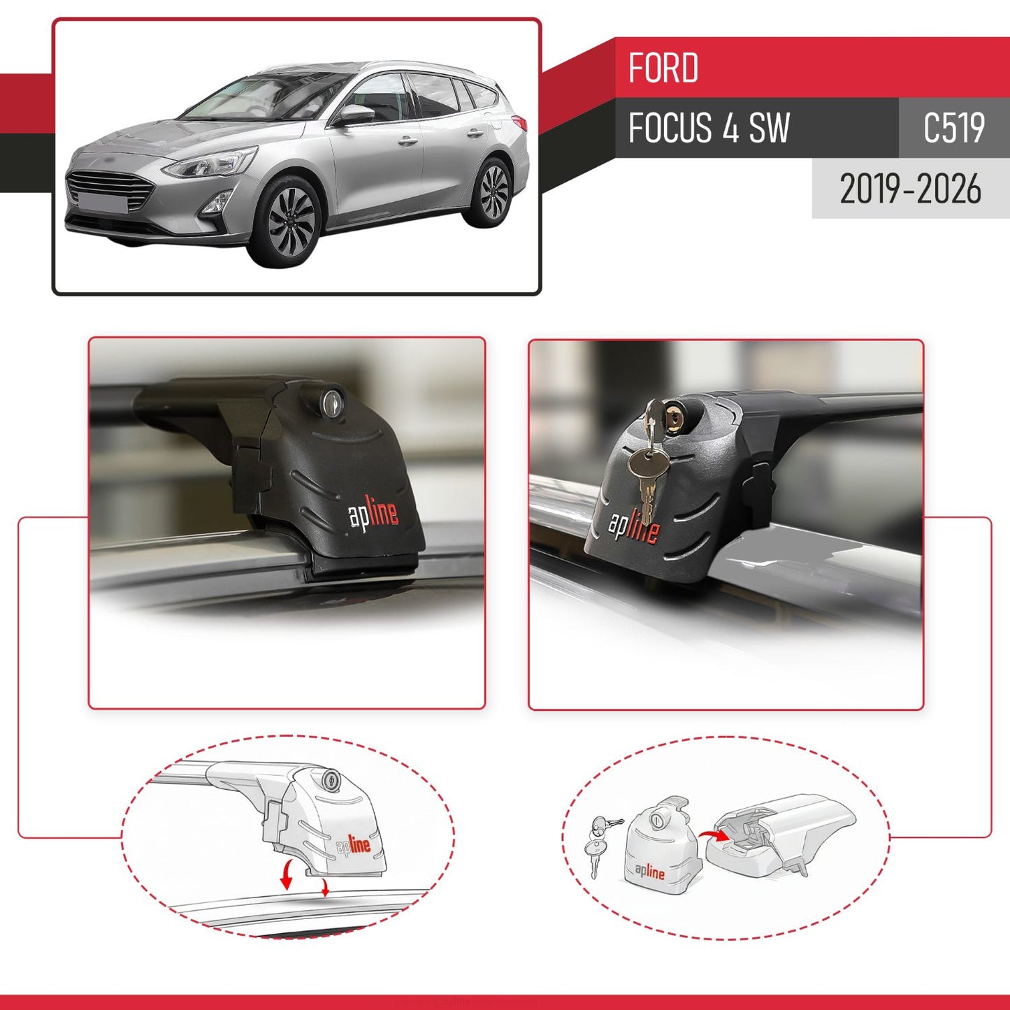Compatible con Ford Focus 4 (C519) Familiar 2019-2025 ACE-2 Barras de Techo Auto Portaequipajes Barras Transversales Negro Aluminio 2 Barras