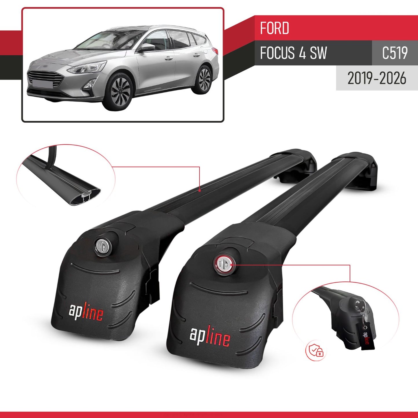 Compatible con Ford Focus 4 (C519) Familiar 2019-2025 ACE-2 Barras de Techo Auto Portaequipajes Barras Transversales Negro Aluminio 2 Barras