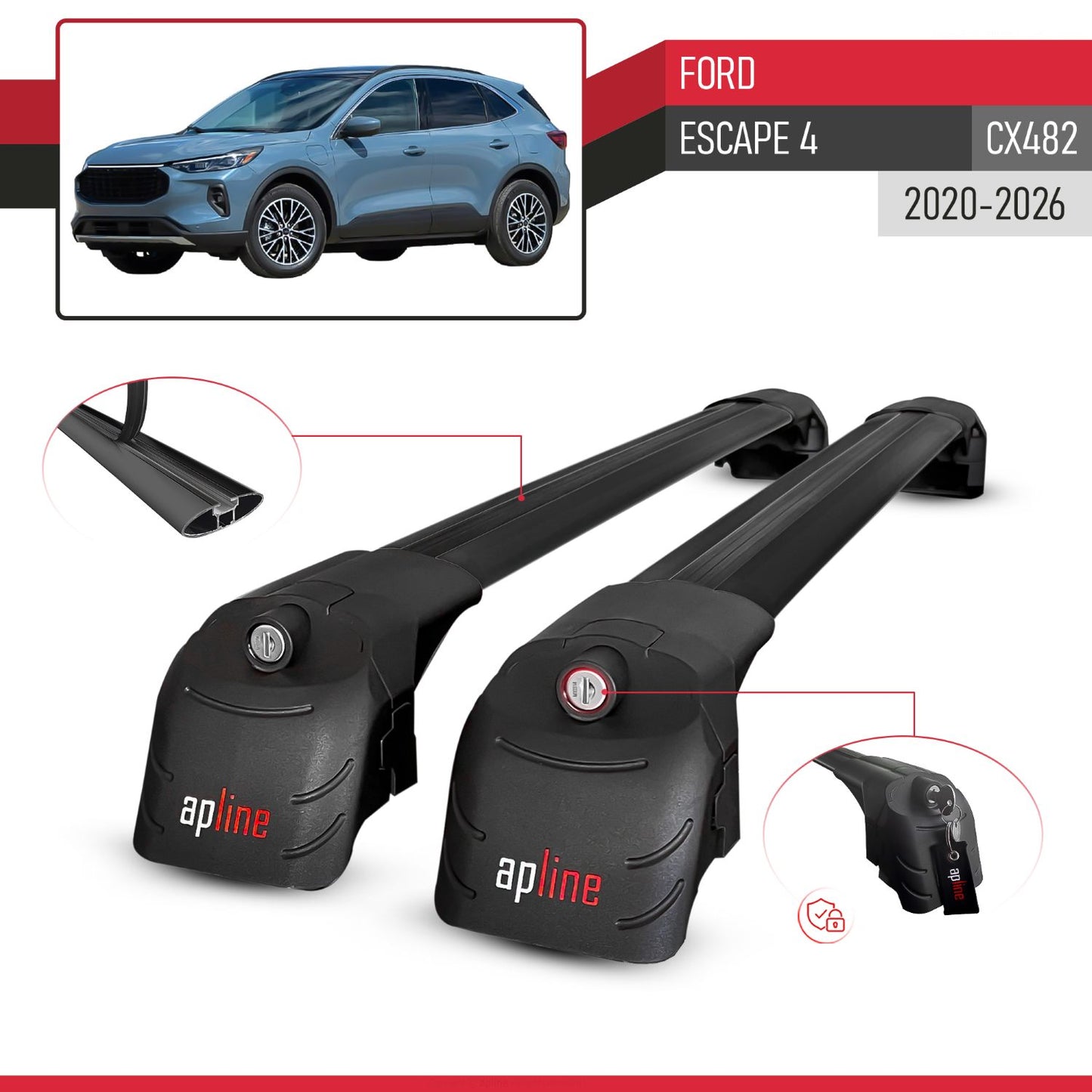 Compatible con Ford Escape 4 (CX482) 2020-2025 ACE-2 Barras de Techo Auto Portaequipajes Barras Transversales Negro Aluminio 2 Barras