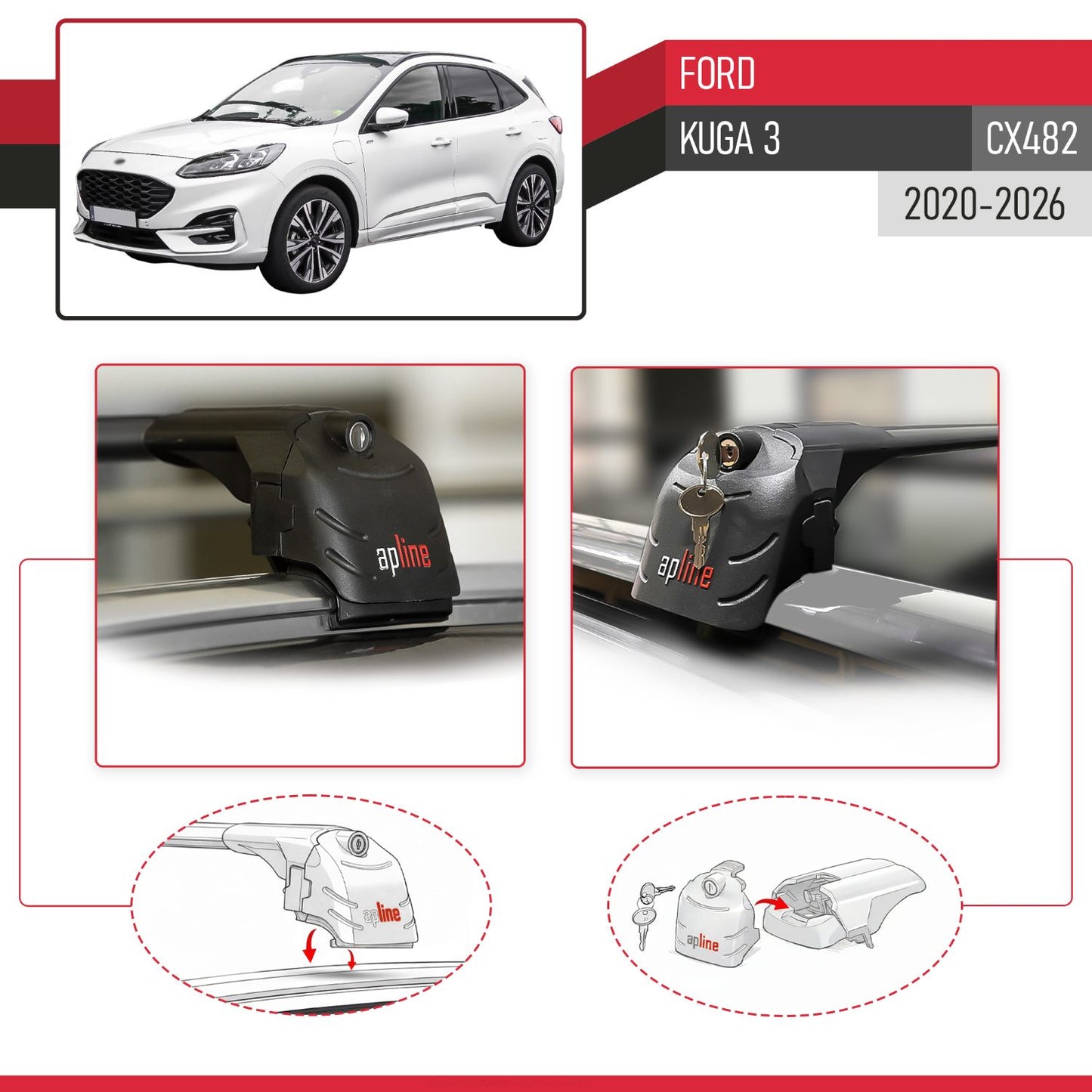 Compatible con Ford Kuga 3 (CX482) 2020-2025 ACE-2 Barras de Techo Auto Portaequipajes Barras Transversales Negro Aluminio 2 Barras