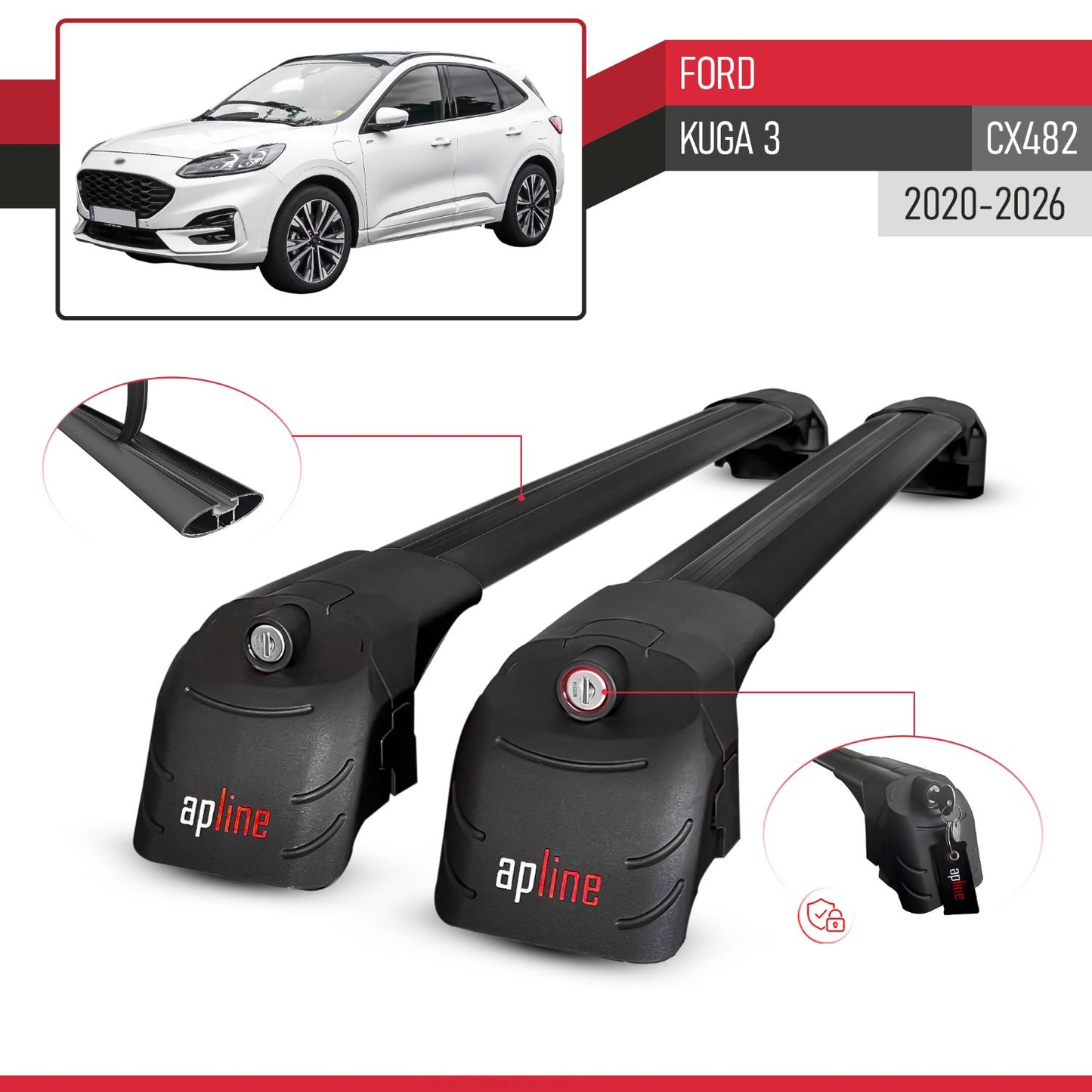 Compatible con Ford Kuga 3 (CX482) 2020-2025 ACE-2 Barras de Techo Auto Portaequipajes Barras Transversales Negro Aluminio 2 Barras