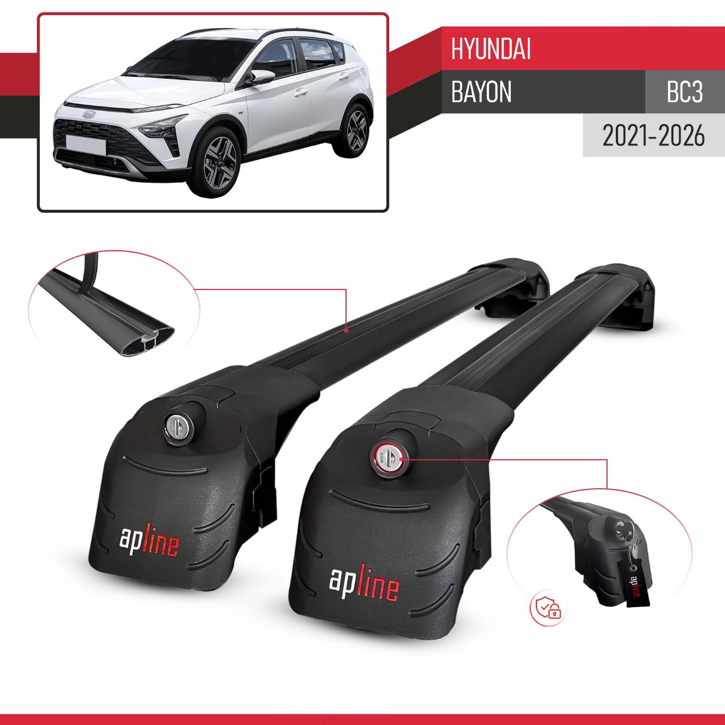 Compatible con Hyundai Bayon (BC3) 2021-2025 ACE-2 Barras de Techo Auto Portaequipajes Barras Transversales Negro Aluminio 2 Barras